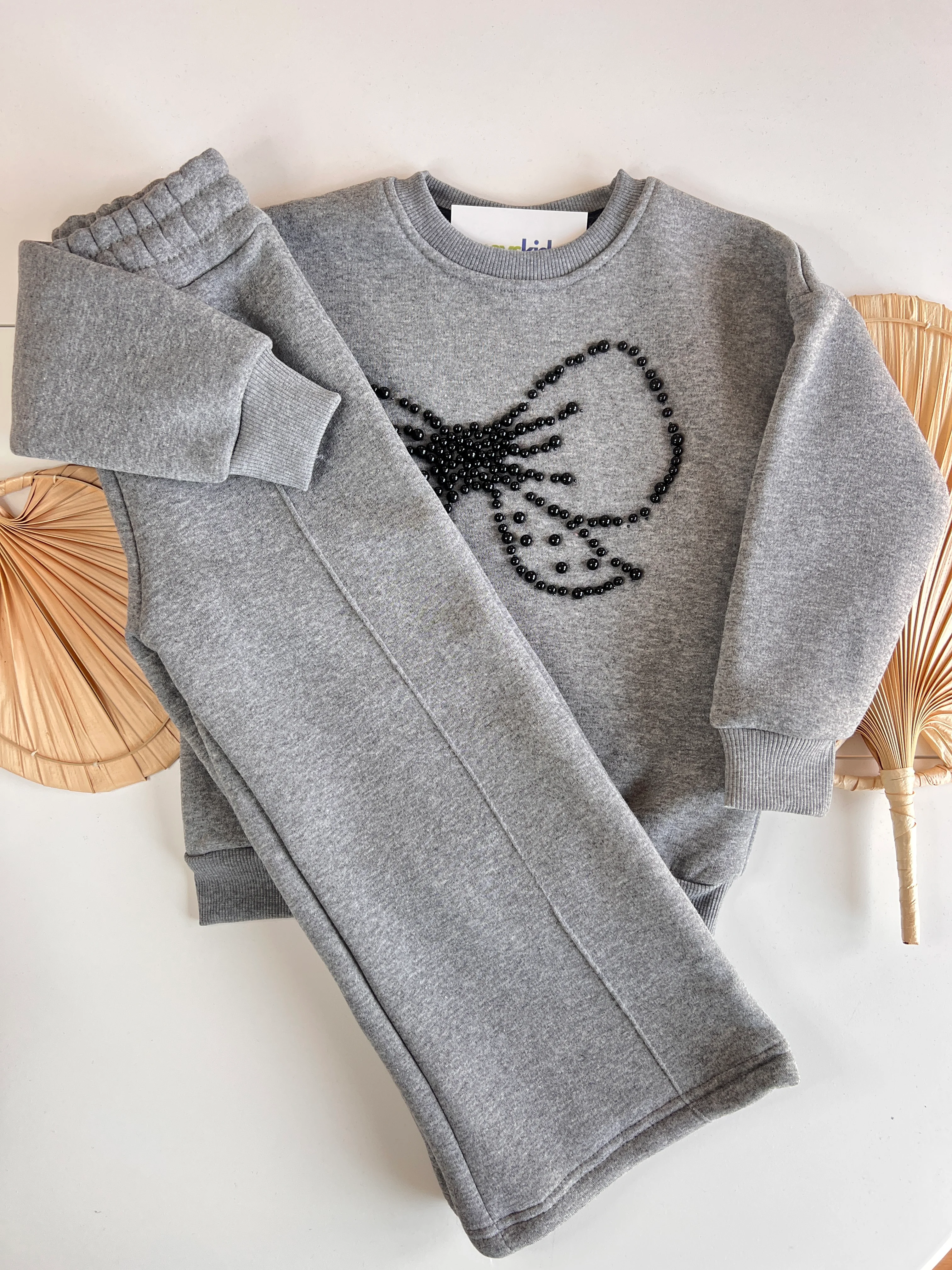 Boncuk Fiyonk Detaylı Şardonlu Kız Çocuk Takım