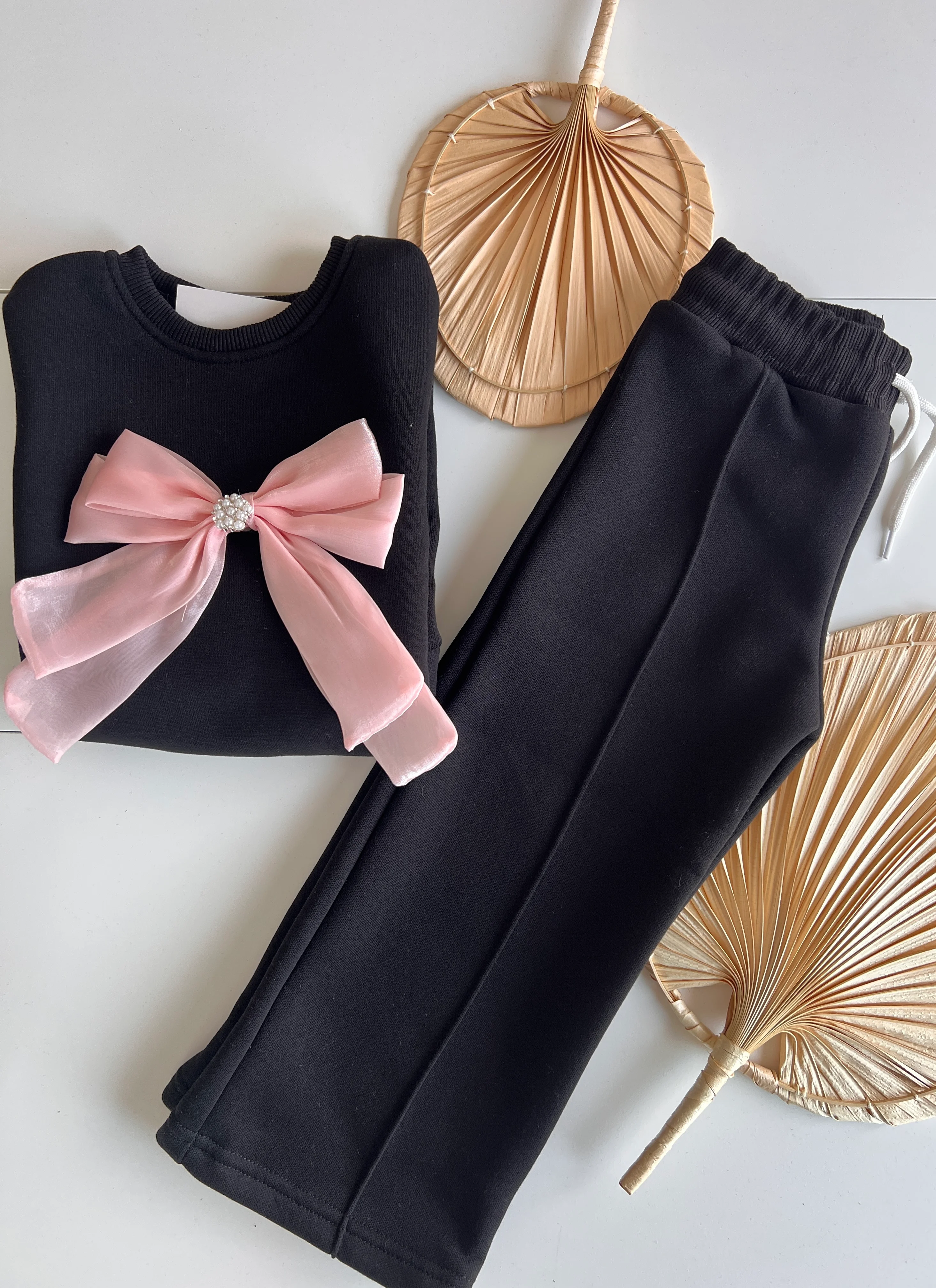 Pembe Fiyonk Detaylı Şardonlu Kız Çocuk Takım 