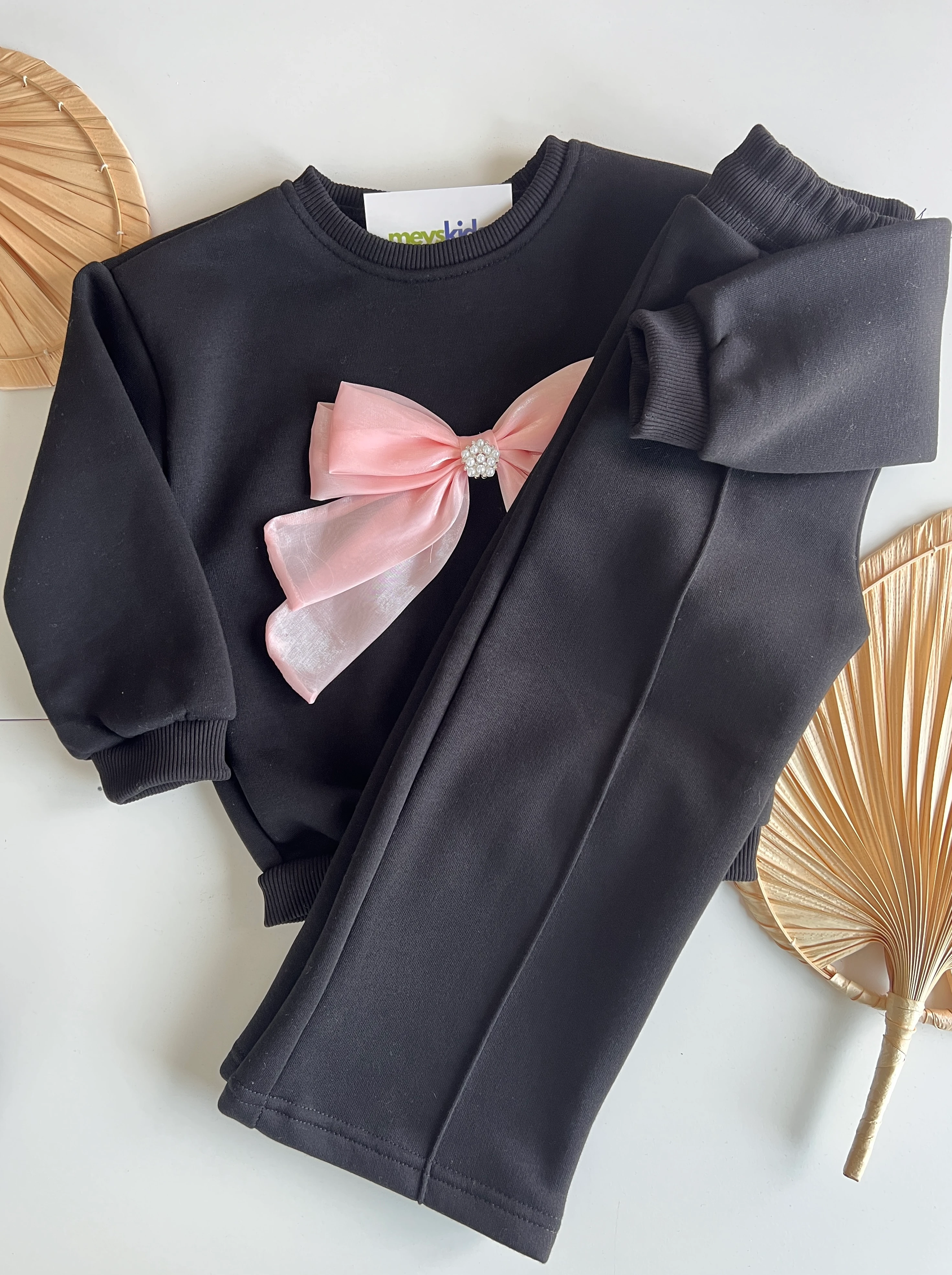 Pembe Fiyonk Detaylı Şardonlu Kız Çocuk Takım 