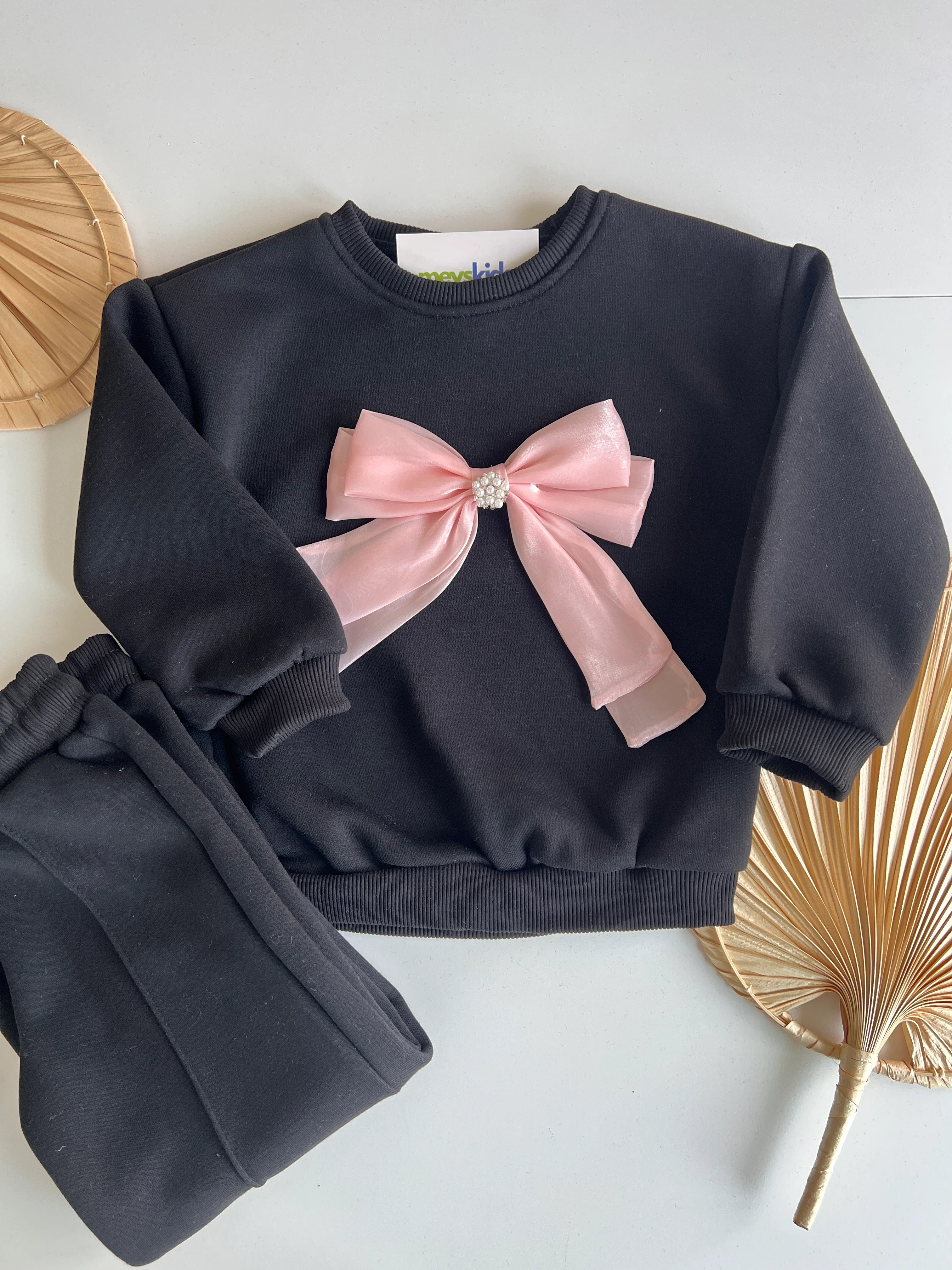 Pembe Fiyonk Detaylı Şardonlu Kız Çocuk Takım 