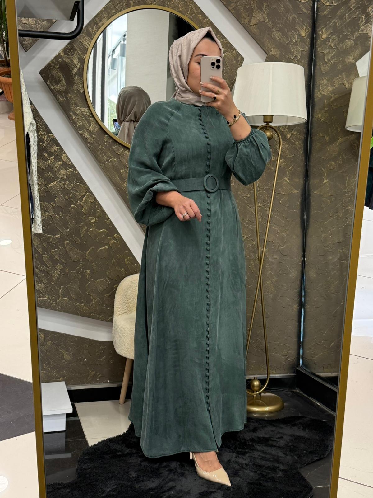 TERZİ DÜKKANI PRİME TAŞLANMIŞ İPEK BRİT DÜĞMELİ ELBİSE - HAKİ