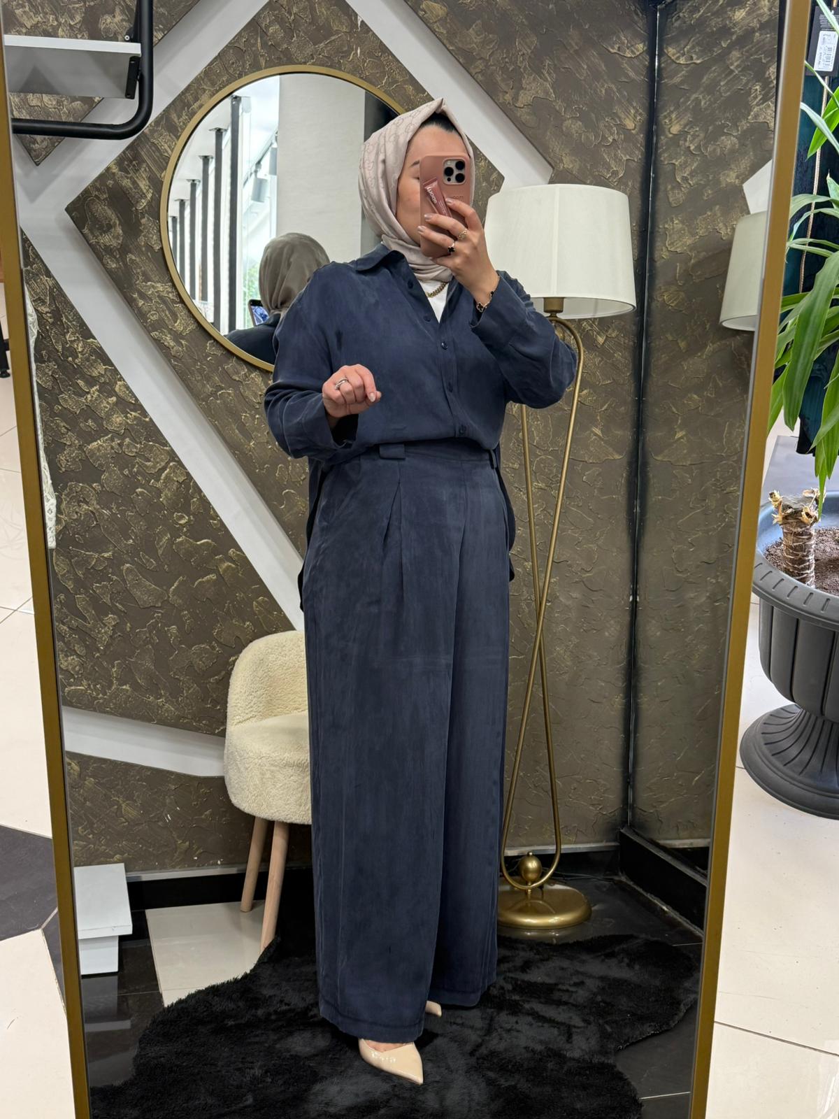 TERZİ DÜKKANI PRİME TAŞLANMIŞ İPEK PİLE DETAY PANTOLON GÖMLEK TAKIM