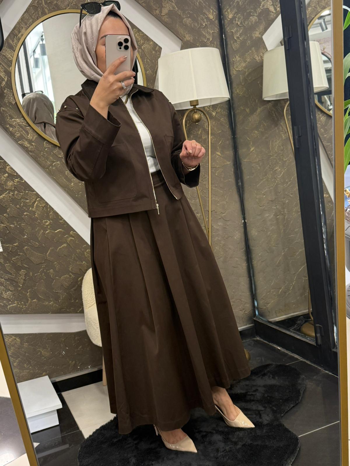 TERZİ DÜKKANI SPARK İNCİ DETAYLI ETEKLİ TAKIM - KAHVE