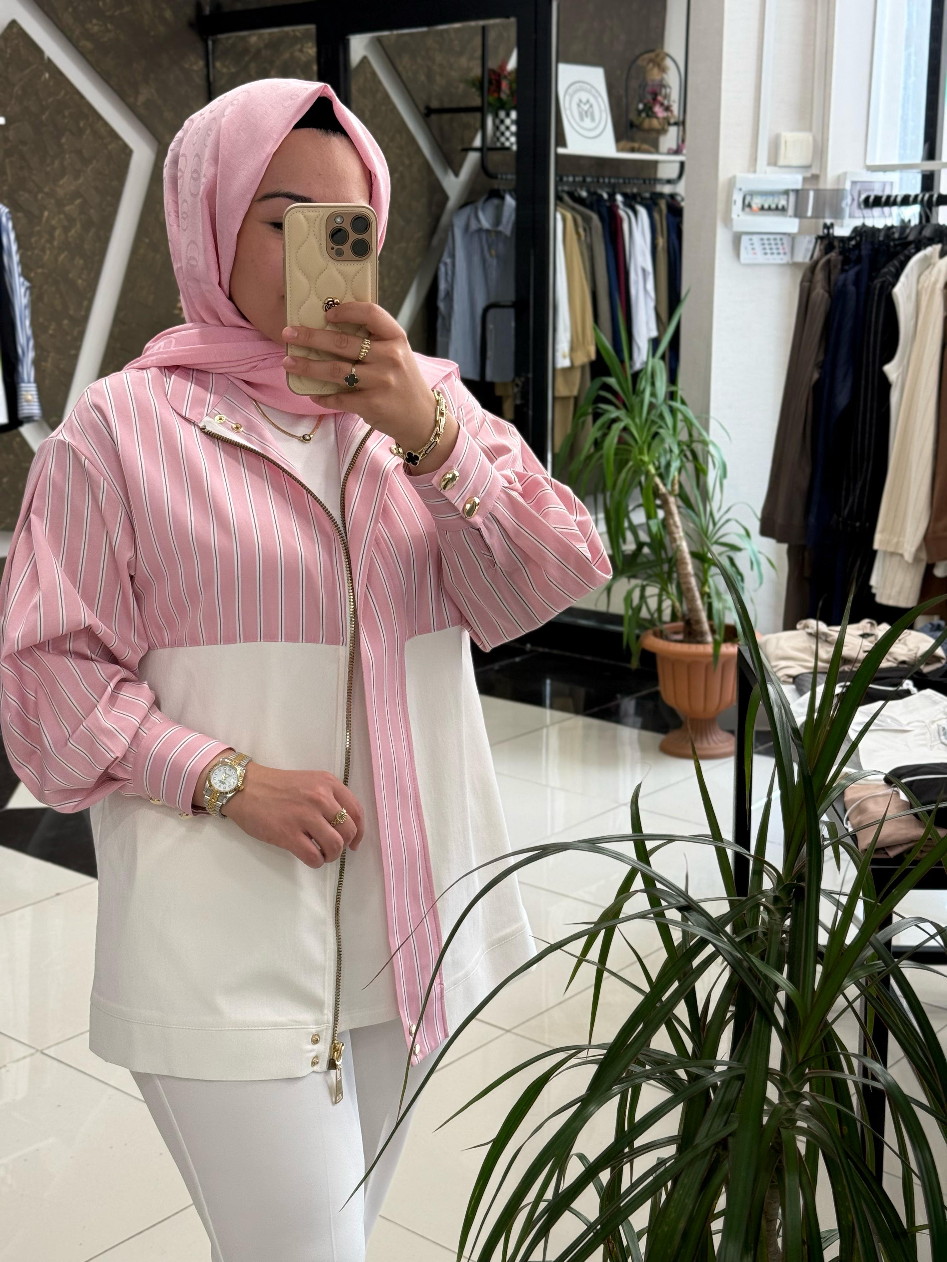 MISSEMRAMISS 4839 MSSM ÇİZGİLİ GÖMLEK TUNİK - PEMBE ÇİZGİLİ