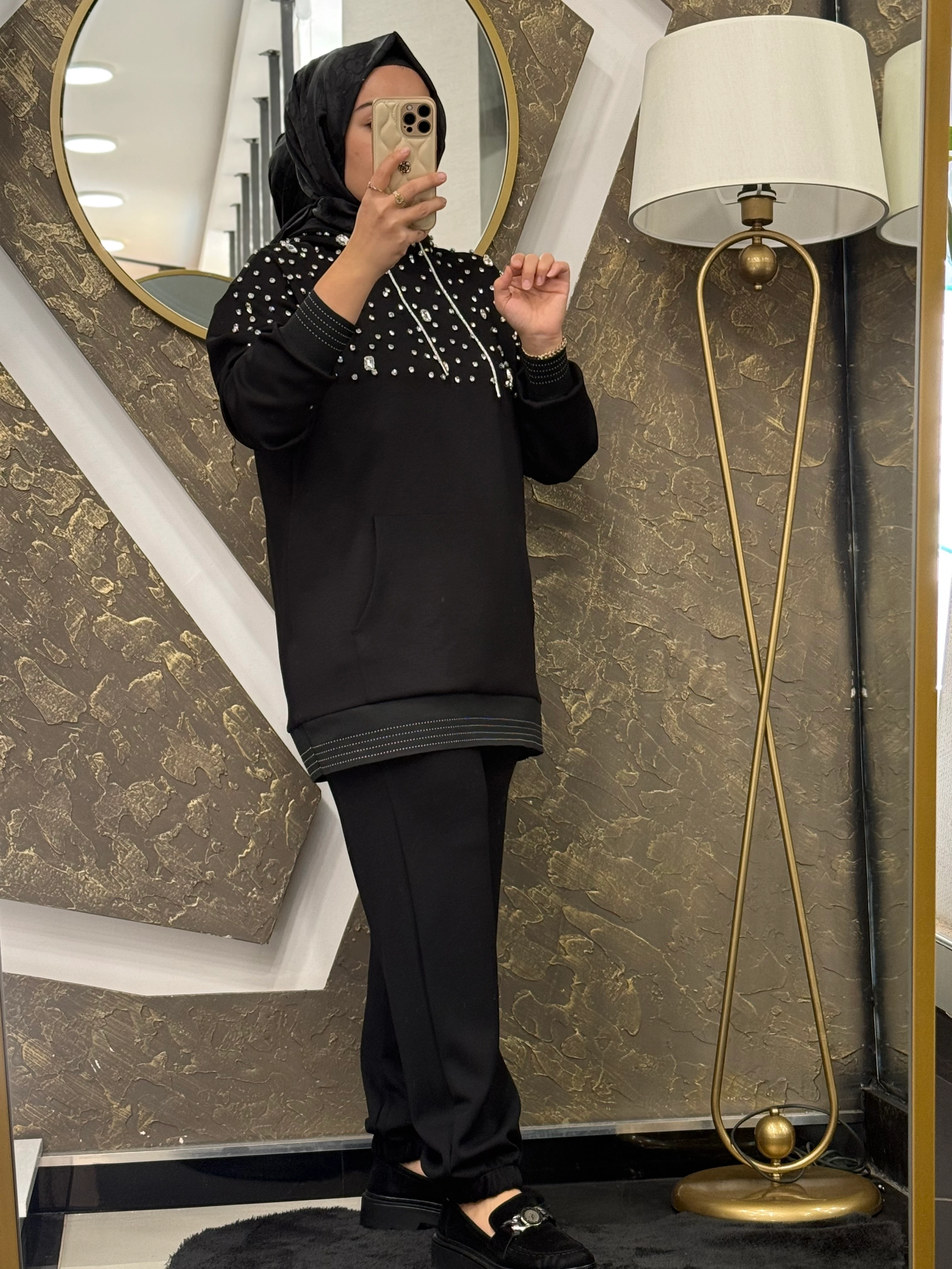 MISEMRAMISS 4976 İŞLEMELİ KAPŞONLU MODAL TAKIM - SİYAH