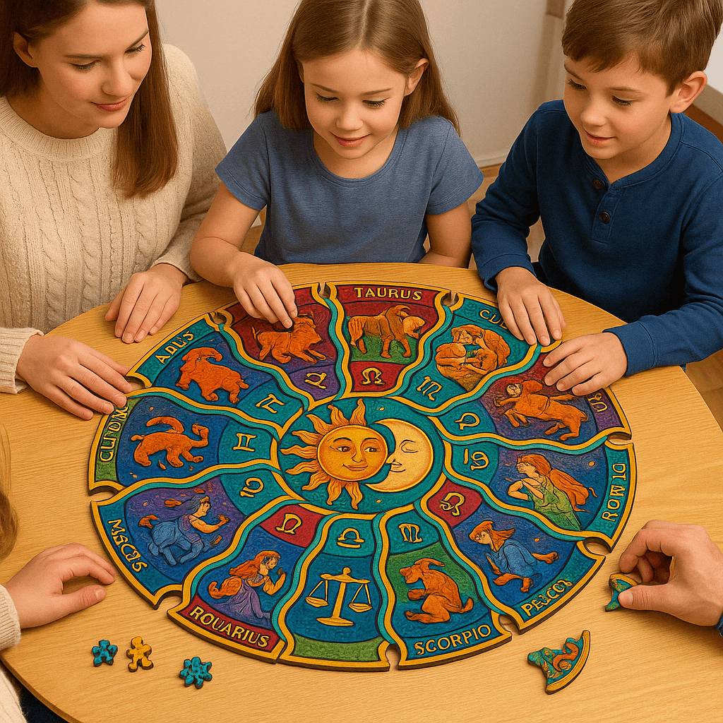 Zodyak Burçlar Temalı Ahşap Puzzle | 300 Parça | Özel Figürlü | Yuvarlak 45 cm Yapboz | Spiritüel Hediye Fikri