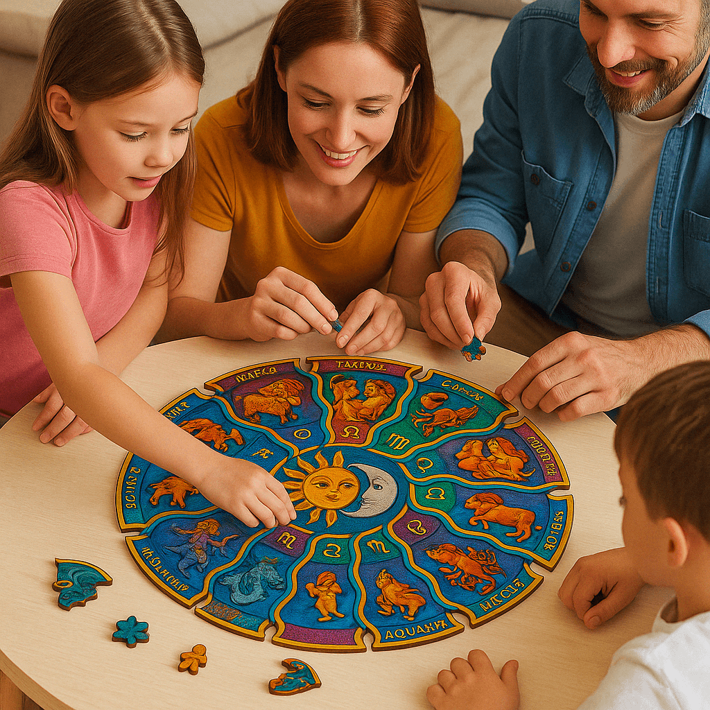Zodyak Burçlar Temalı Ahşap Puzzle | 300 Parça | Özel Figürlü | Yuvarlak 45 cm Yapboz | Spiritüel Hediye Fikri