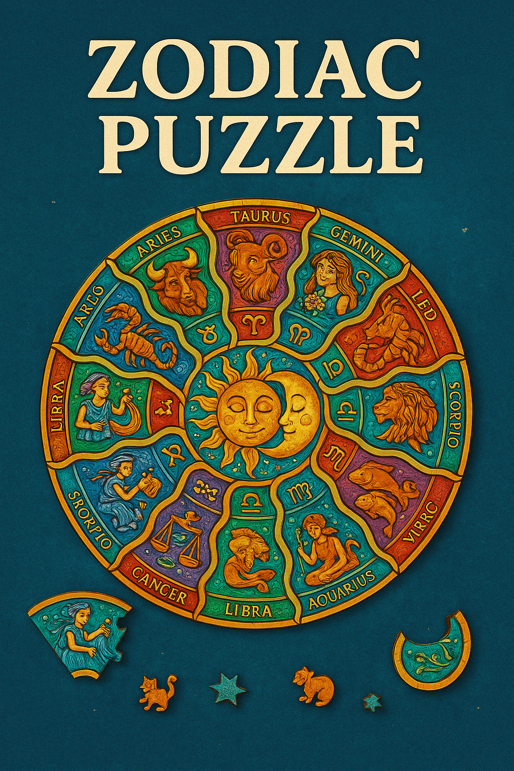 Zodyak Burçlar Temalı Ahşap Puzzle | 300 Parça | Özel Figürlü | Yuvarlak 45 cm Yapboz | Spiritüel Hediye Fikri