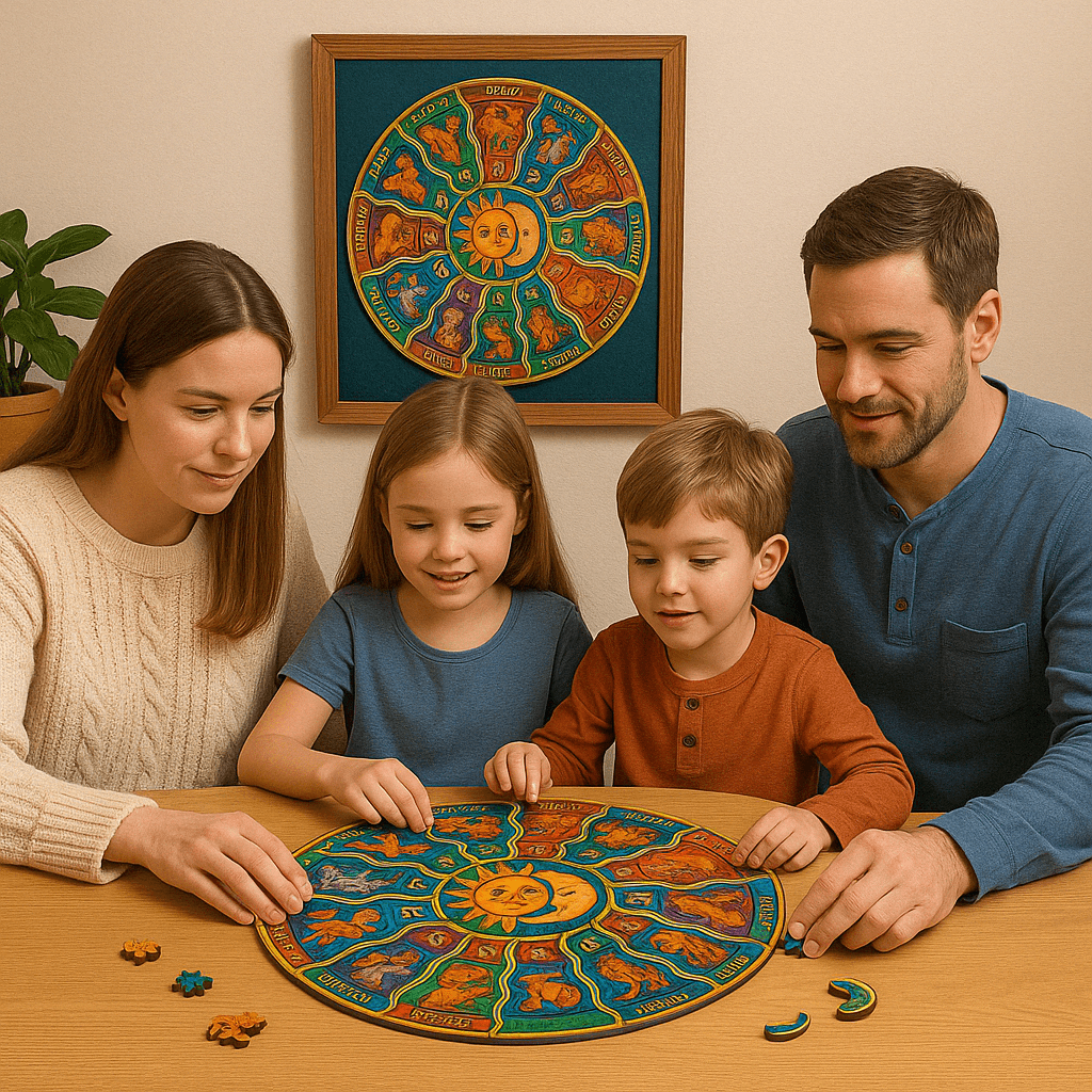 Zodyak Burçlar Temalı Ahşap Puzzle | 300 Parça | Özel Figürlü | Yuvarlak 45 cm Yapboz | Spiritüel Hediye Fikri