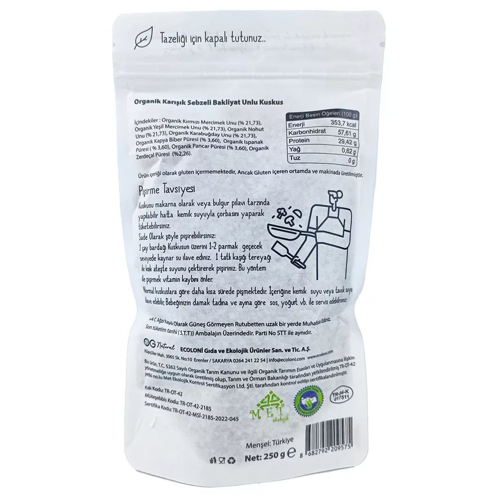 OG Organik Karışık Sebzeli Bakliyat Unlu Bebek Kuskus 250 GR +6 Ay