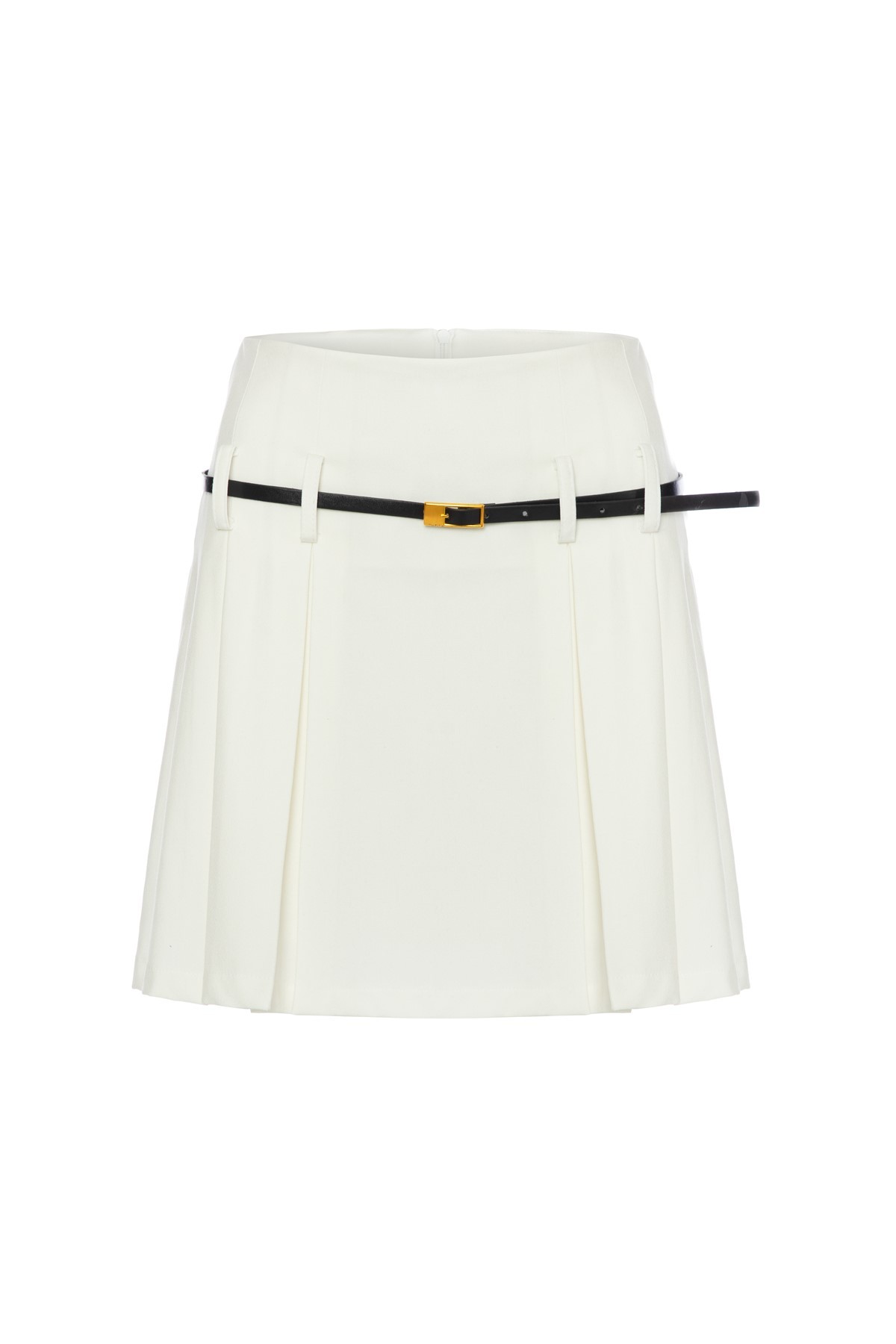 LILIA Pleated White Mini Skirt with Black Belt Detail