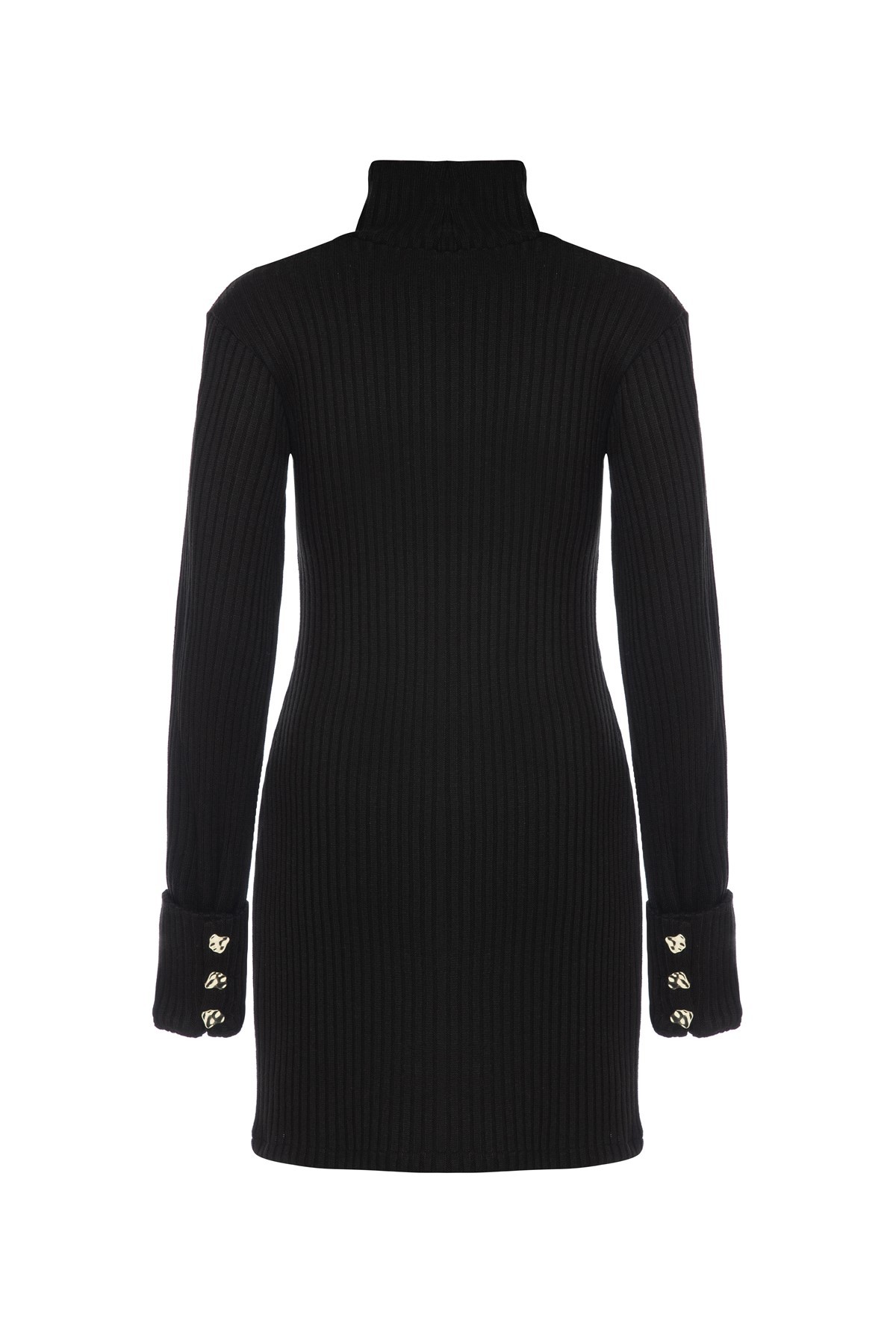 JADE Black Turtleneck Knitted Dress with Gold Button Sleeve Detail