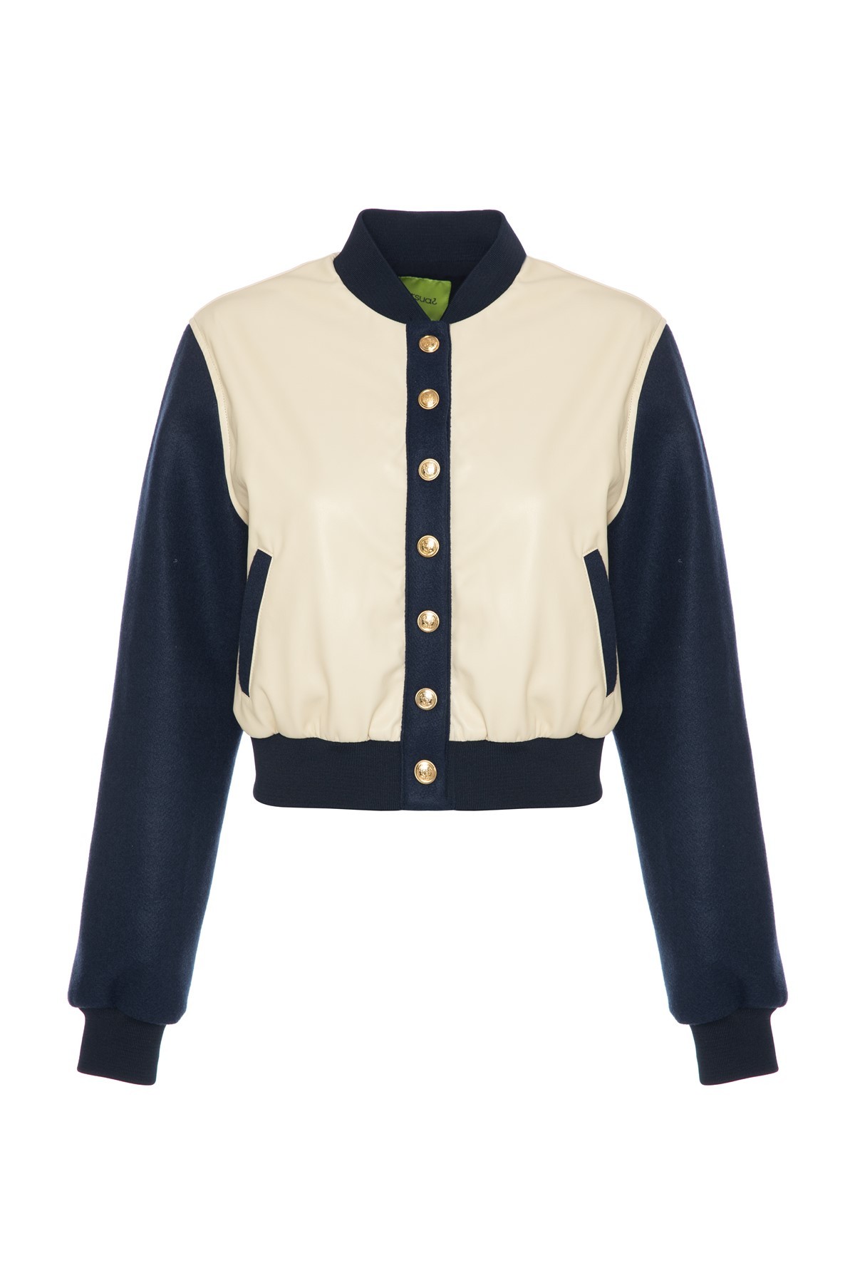  CIARA Cream-Navy Blue Leather - Felt Bomber Jacket