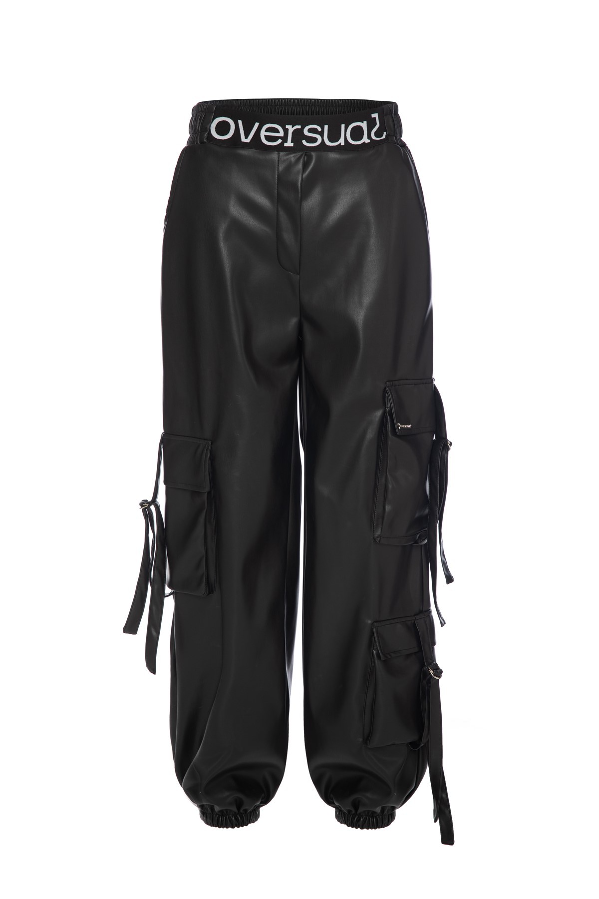 JET KARGO Black Leather Elastic Waist Trousers