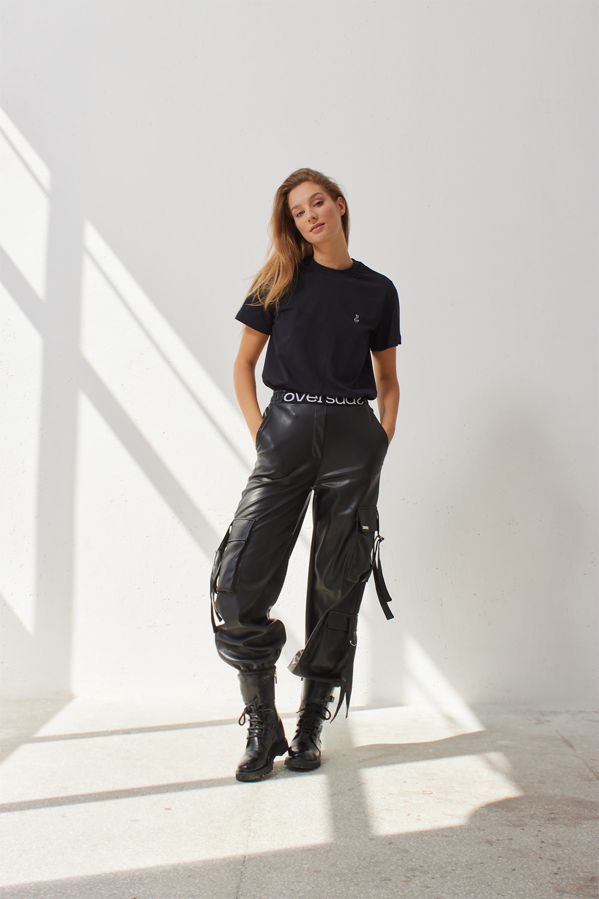 JET KARGO Black Leather Elastic Waist Trousers