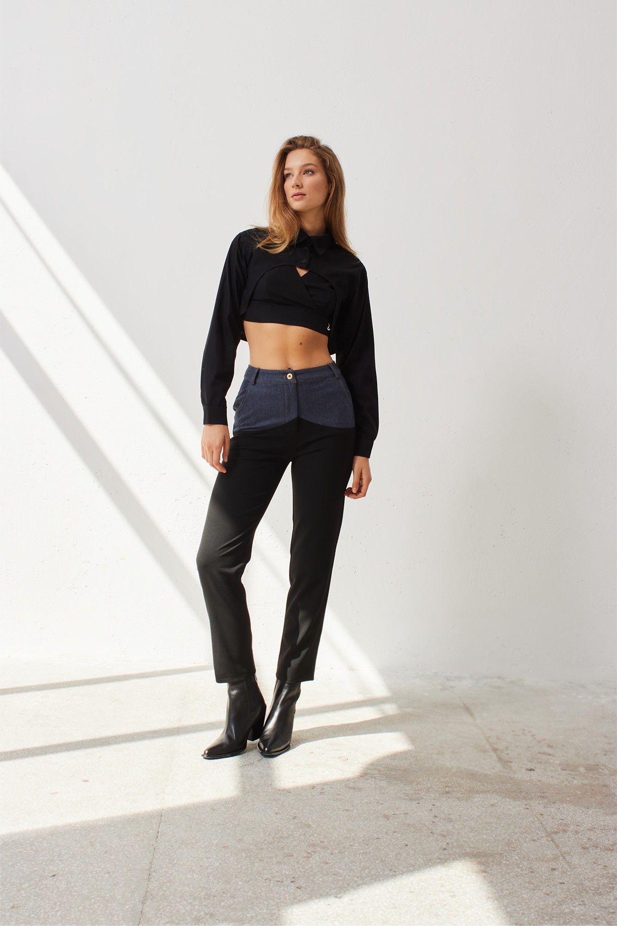  COUIS Black Straight Cut Trousers with Denim Detail