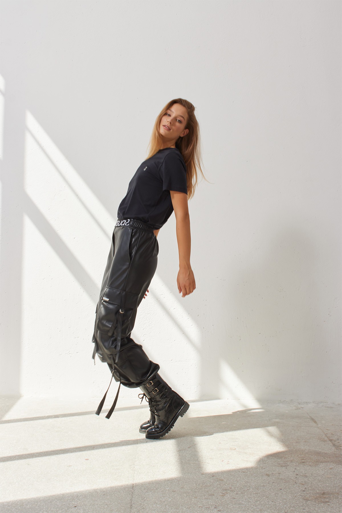 JET KARGO Black Leather Elastic Waist Trousers