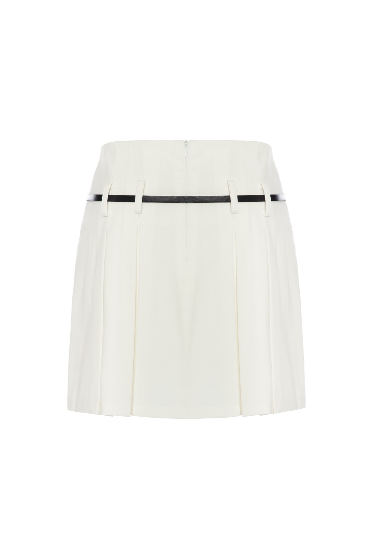 LILIA Pleated White Mini Skirt with Black Belt Detail