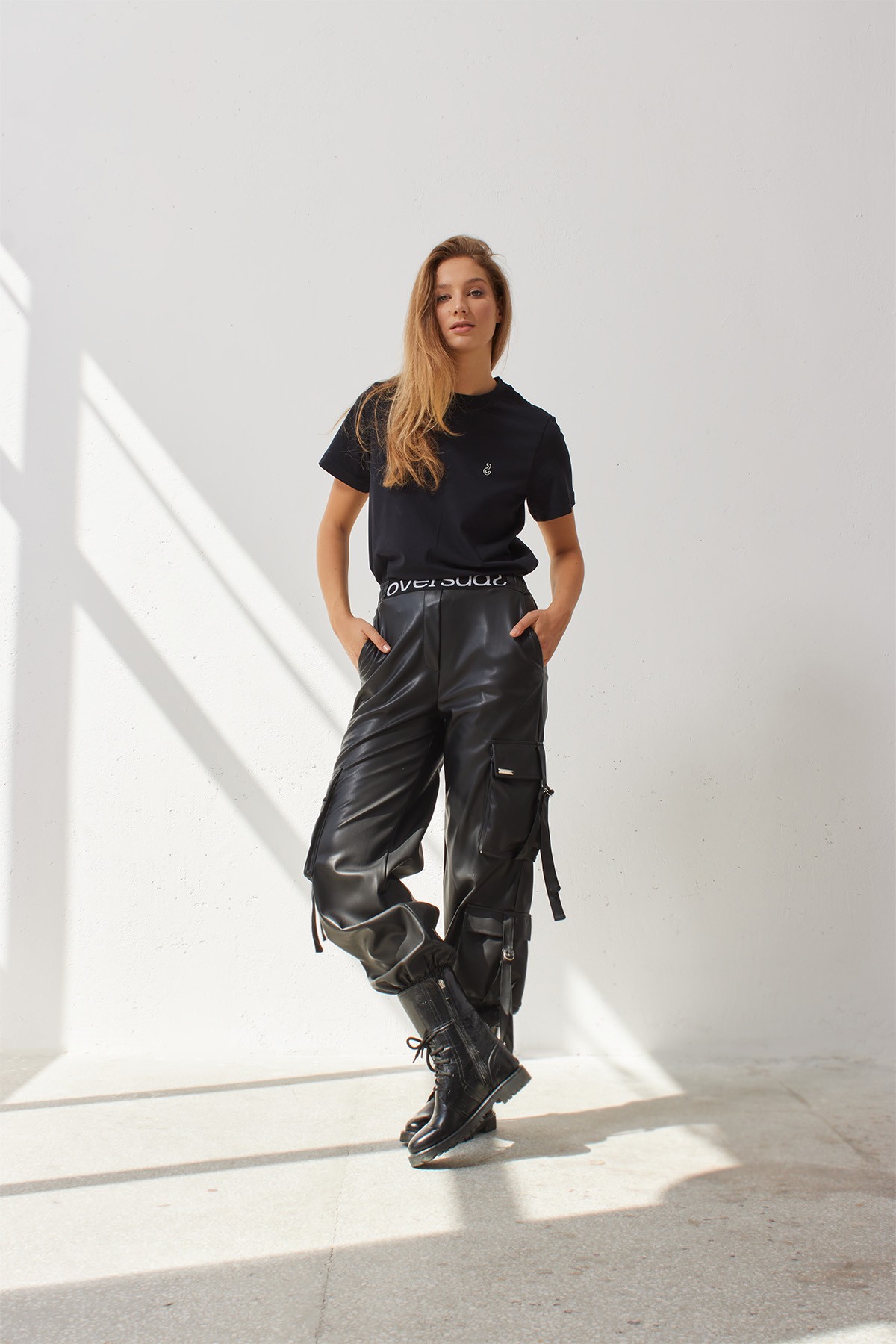 JET KARGO Black Leather Elastic Waist Trousers