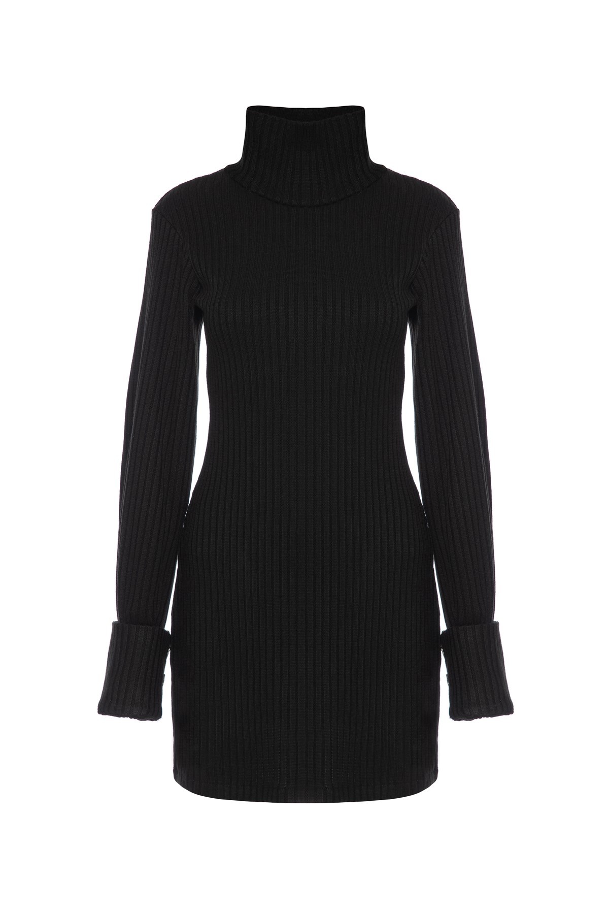 JADE Black Turtleneck Knitted Dress with Gold Button Sleeve Detail