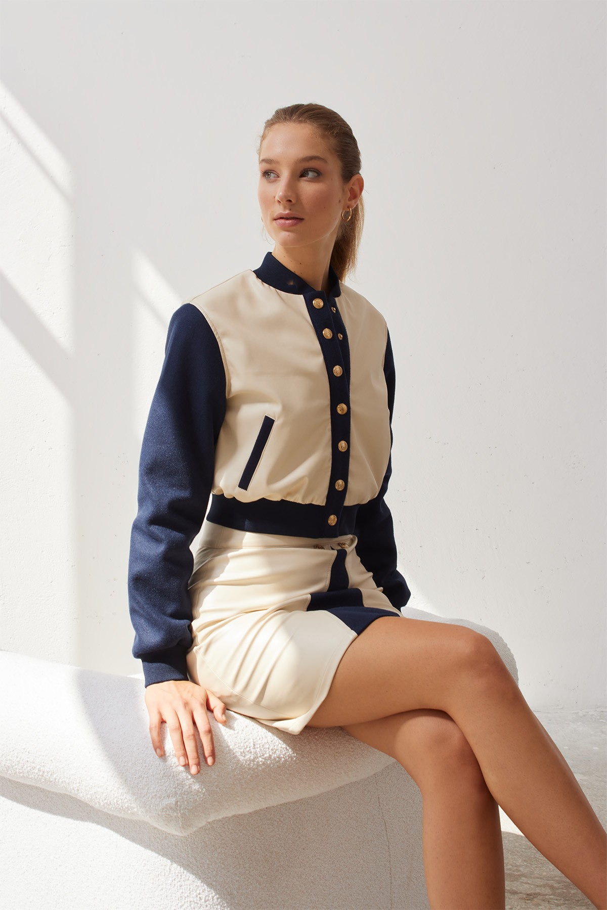 CIARA Cream-Navy Blue Button Detailed Leather Skirt