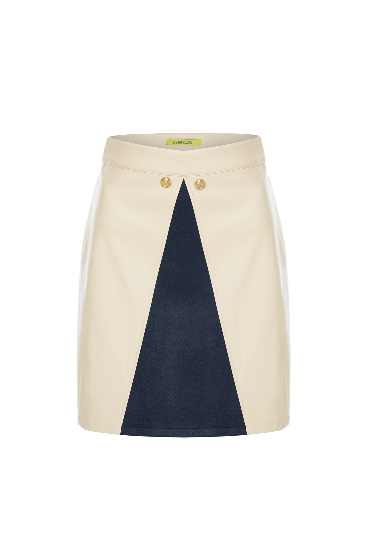 CIARA Cream-Navy Blue Button Detailed Leather Skirt