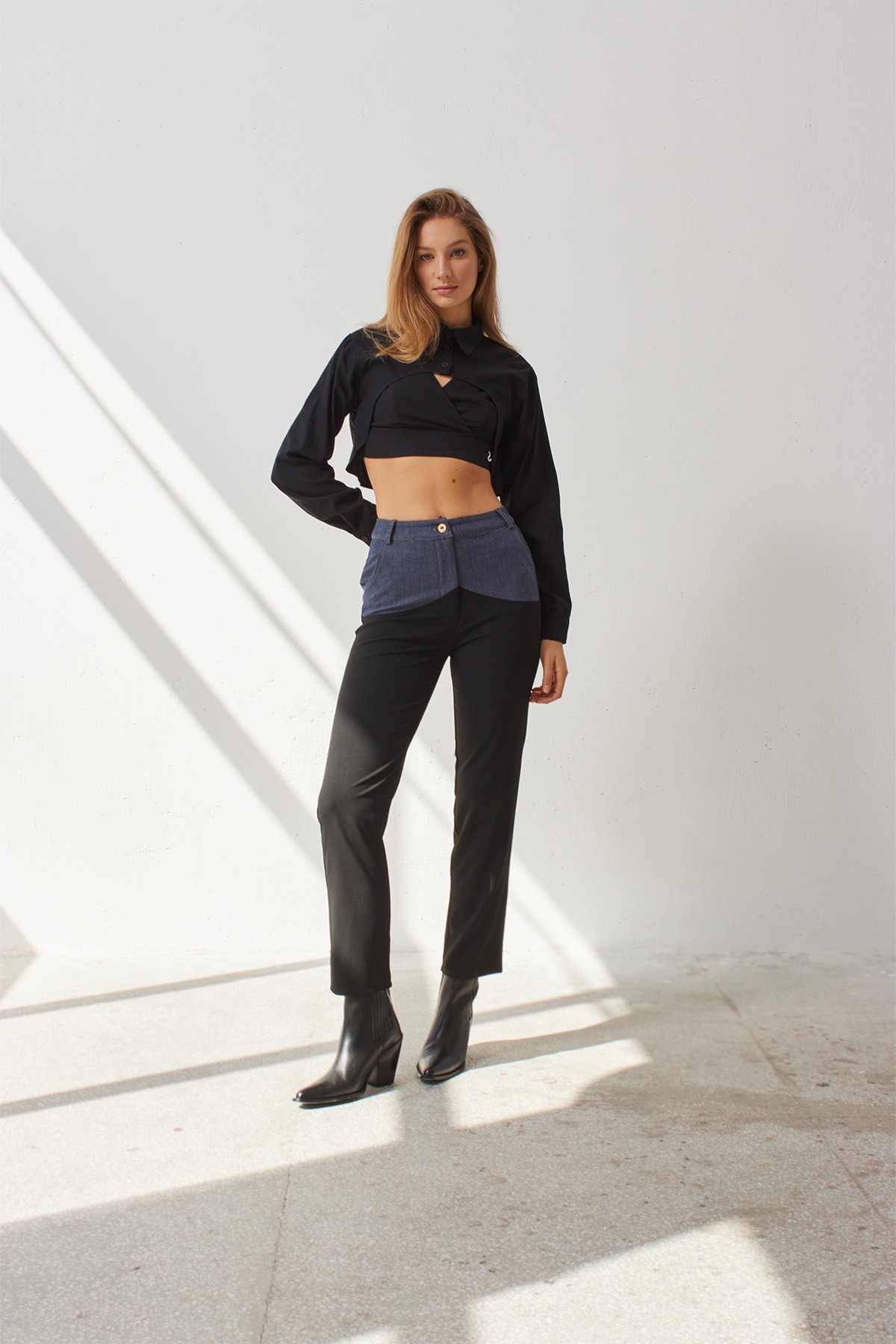  COUIS Black Straight Cut Trousers with Denim Detail