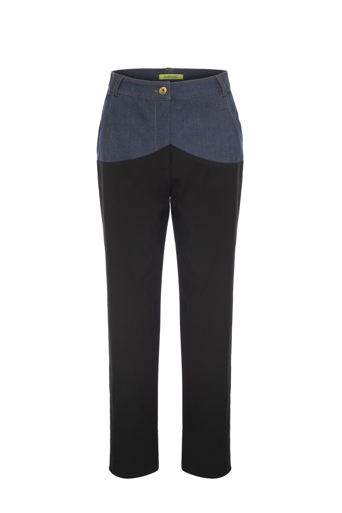  COUIS Black Straight Cut Trousers with Denim Detail