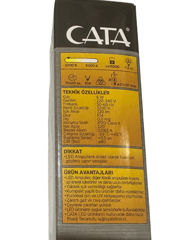 Cata CT-4084 8W 3200K (Günışığı) E14 Duylu Led Kıvrık Buji Ampul