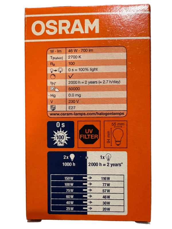 Osram 64543 46W (60W) 2700K (Sarı Işık) E27 Duylu Eski Tip Ampul (2 Adet)