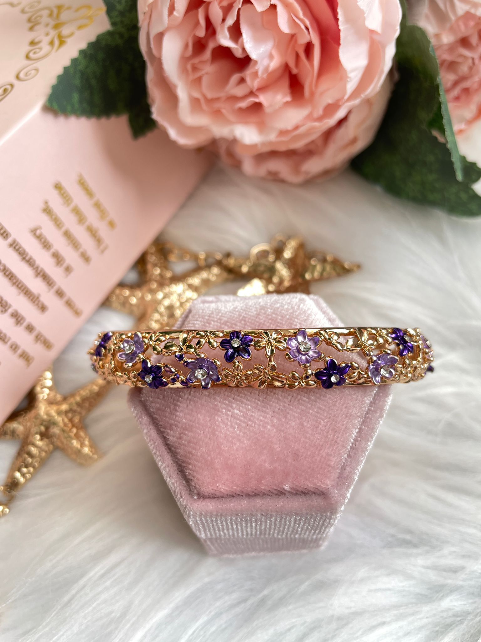 Purple Flowers Saten Mineli Bilezik