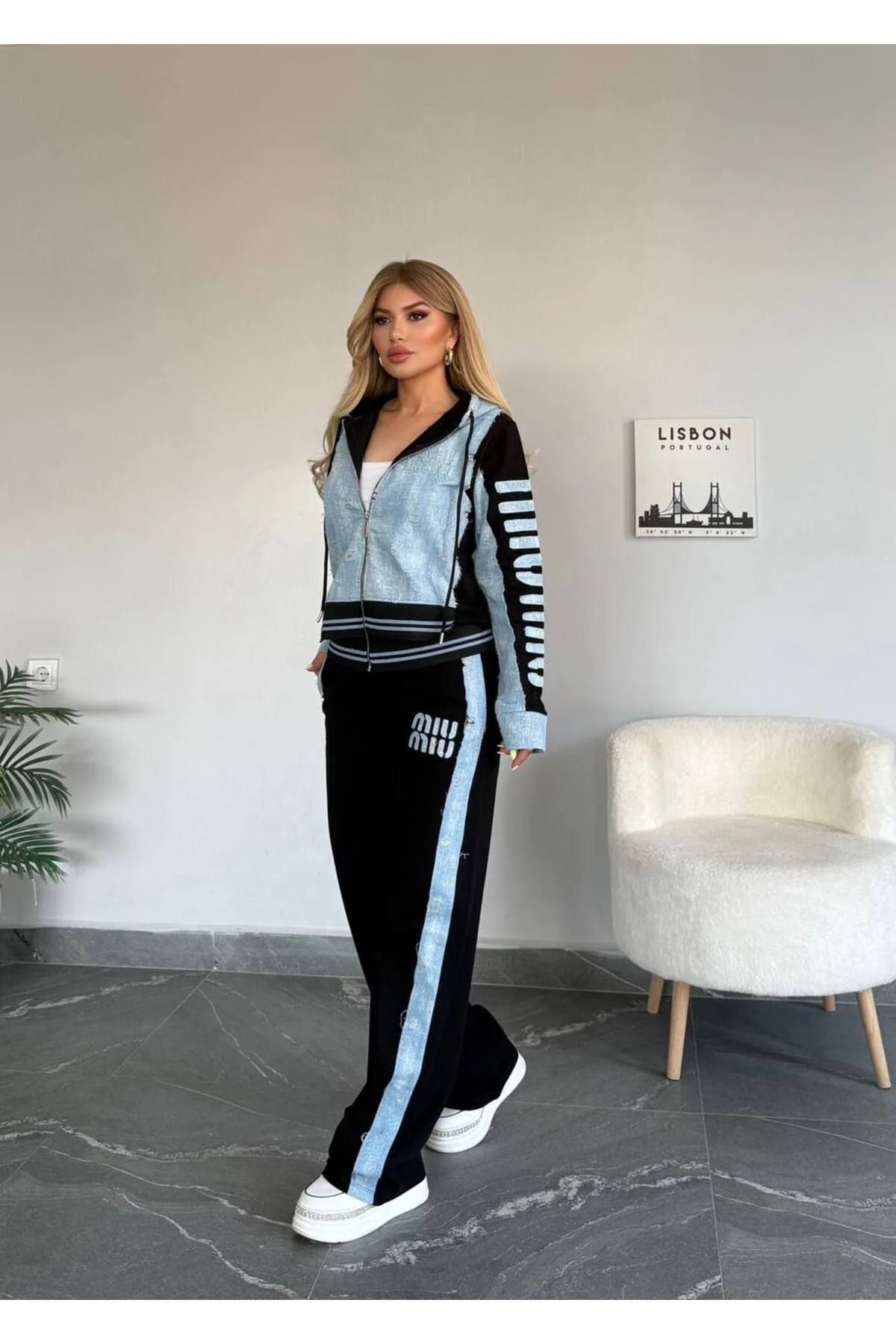 Kadın Kaliteli Lüks Giyim Kot Detaylı Esnek İki İplik Alt Üst Takım