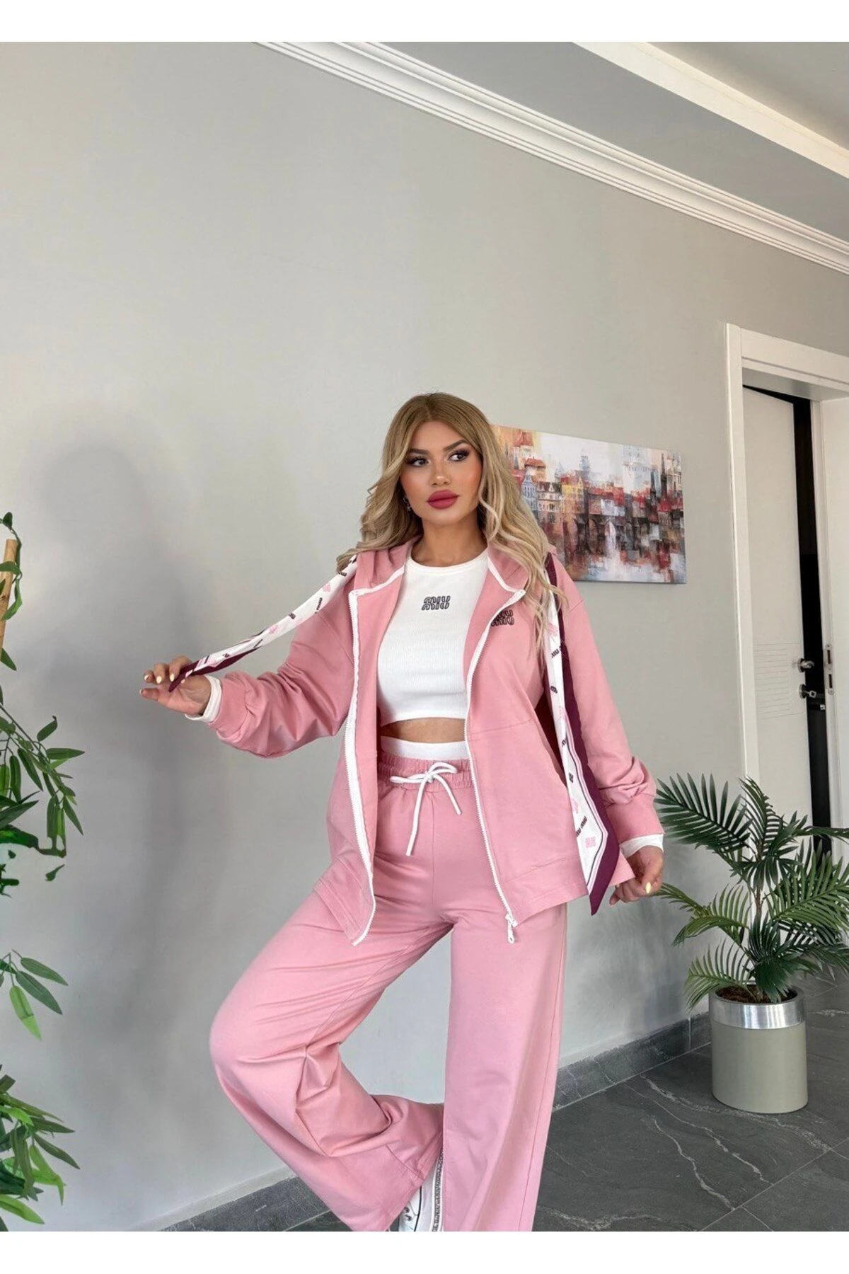 Kadın Kaliteli Lüks Giyim Kapüşonlu Fularlı 3 Lü Takım