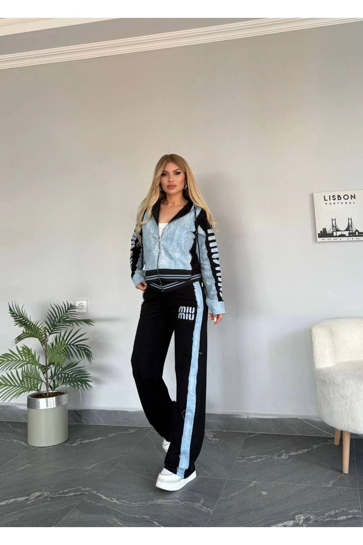 Kadın Kaliteli Lüks Giyim Kot Detaylı Esnek İki İplik Alt Üst Takım