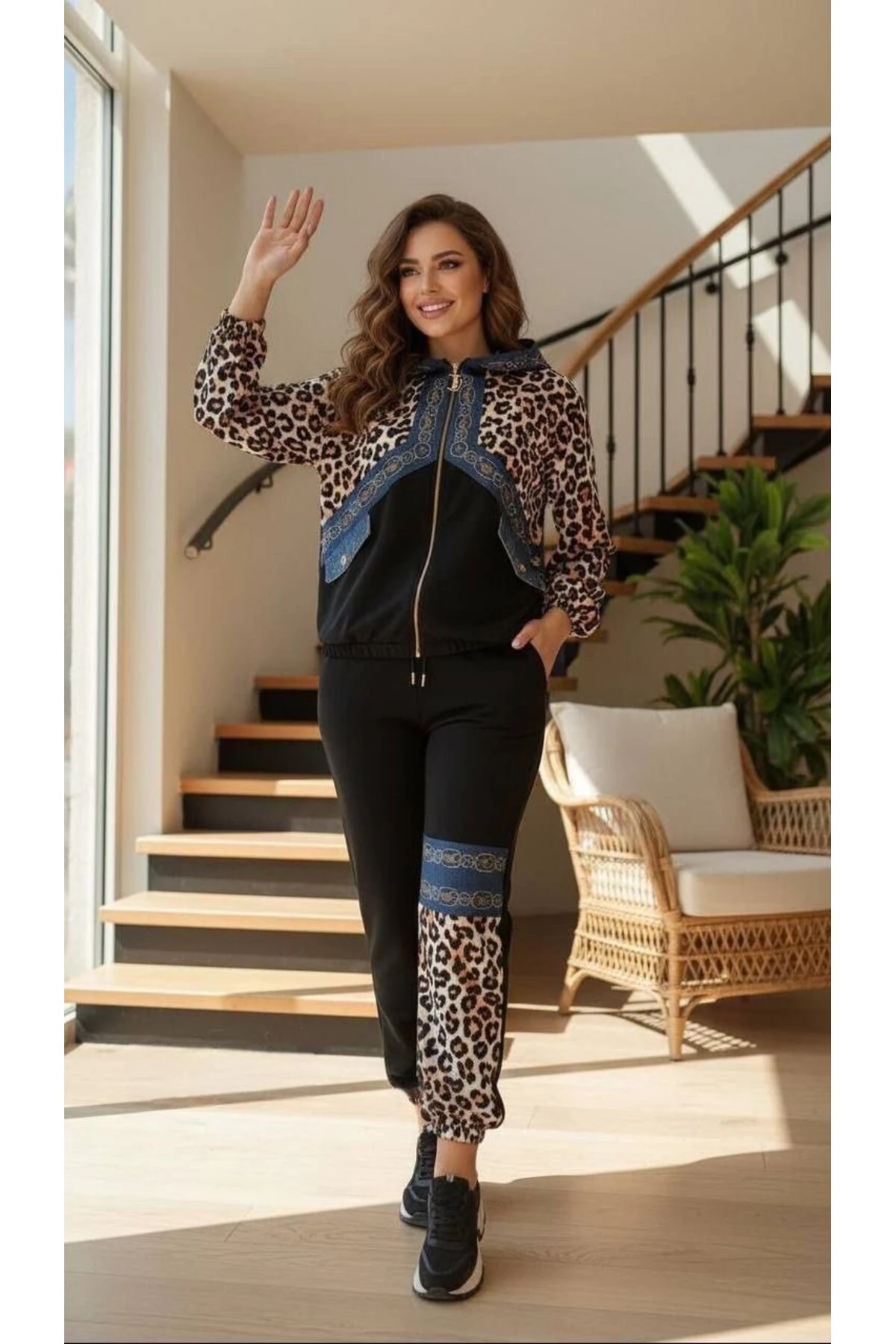 Kadın Lüks Giyim Fermuarlı Kapüşonlu Lüks Leopar Desenli Takım