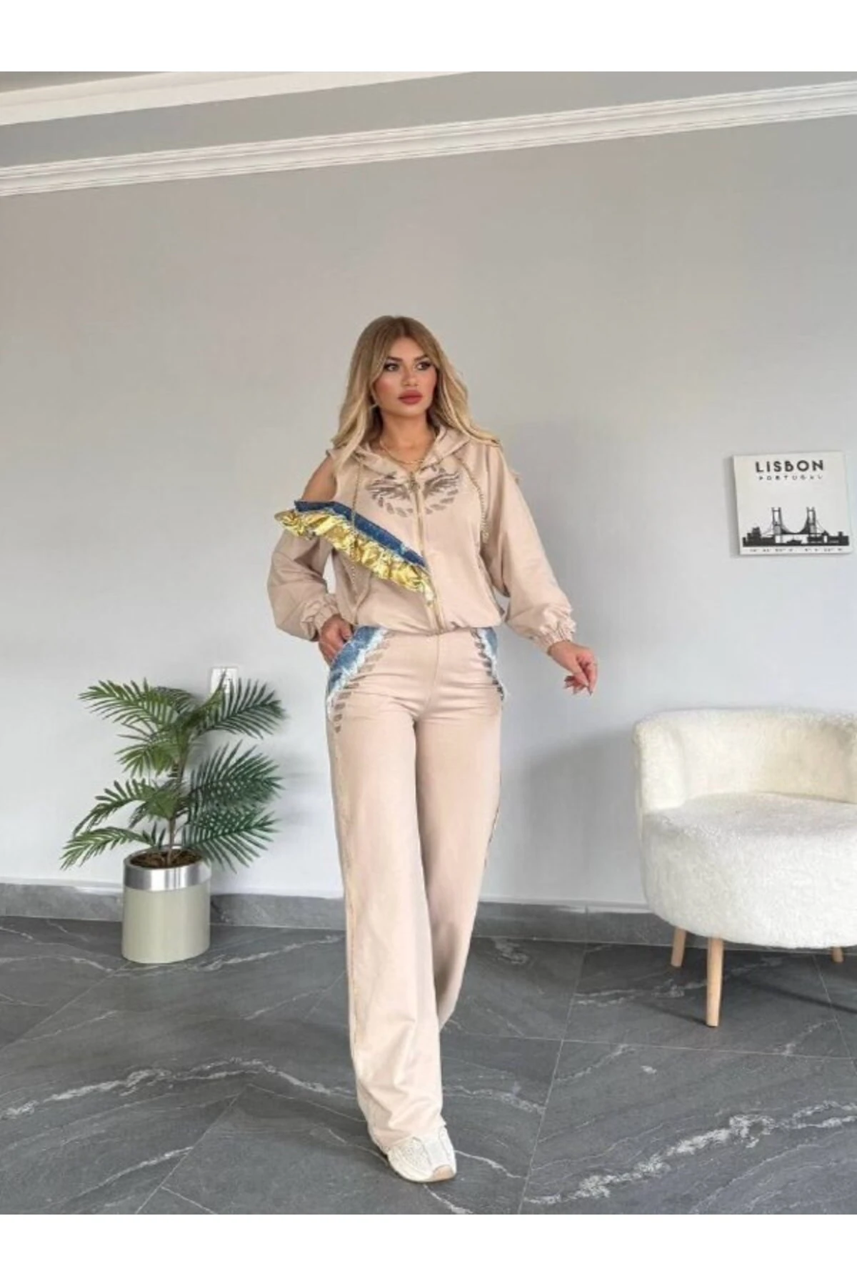 Kadın Tek Omuz Dekolte Lame Ve Taş Detaylı Esnek İki İplik Kompakt Kumaş Alt Üst Takım