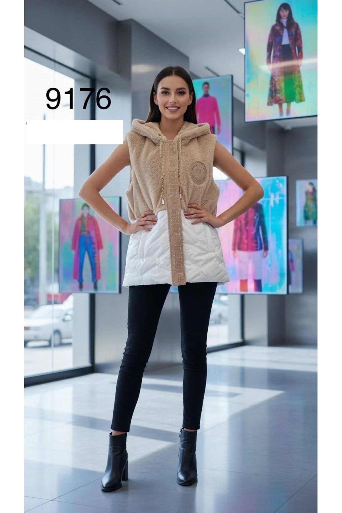 Kadın Kaliteli Üst Tarafı Kürk Dokulu Alt Tarafı Kapitone Kumaş Detaylı Yelek