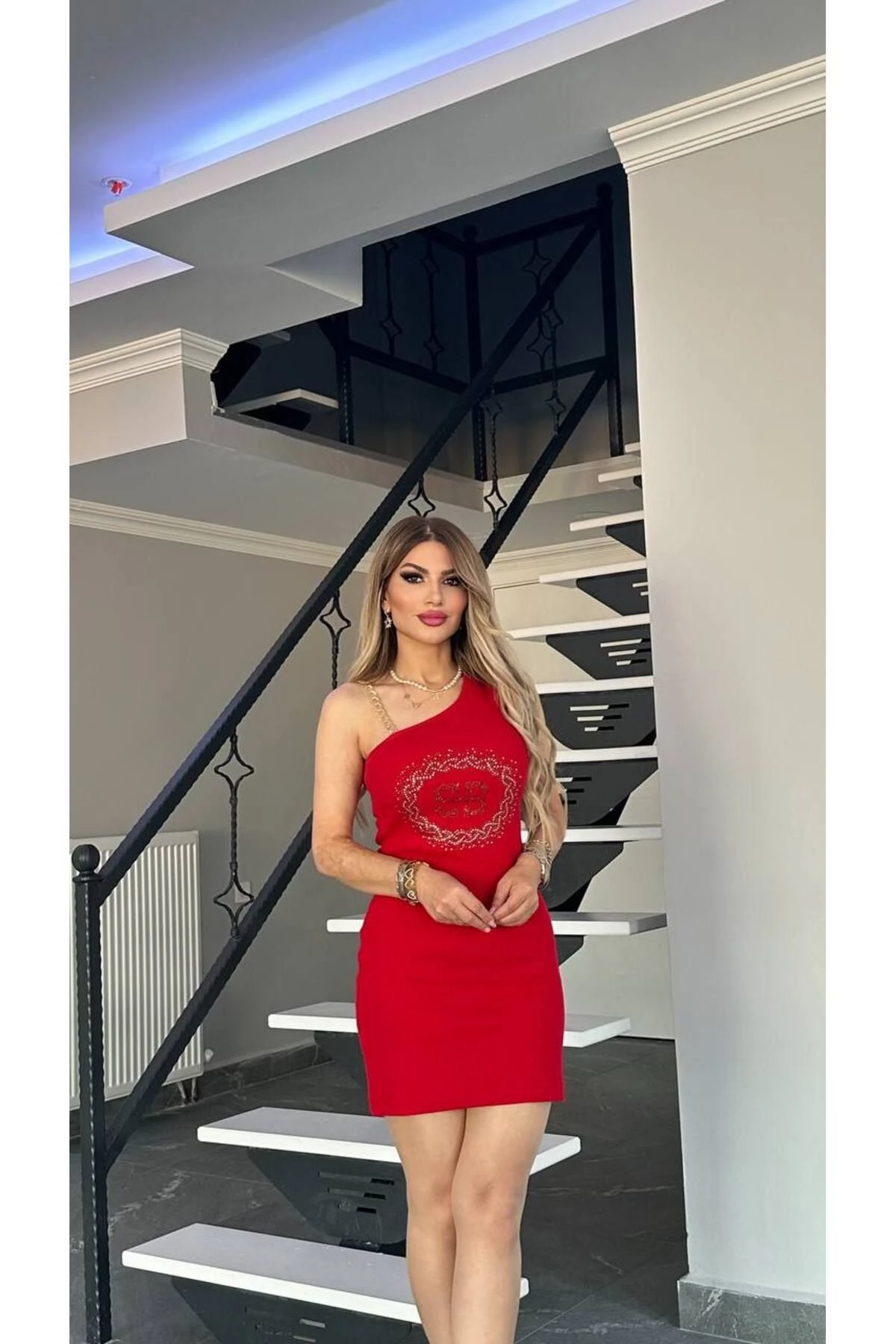 Kadın Kaliteli Lüks Giyim Tek Askılı Diz Üstü Elbise