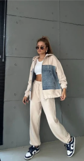  Kadın Kaliteli Lüks Giyim Lastikli Bel Ve Paça Üst Kot Detaylı 3 İplik Alt Üst Takım