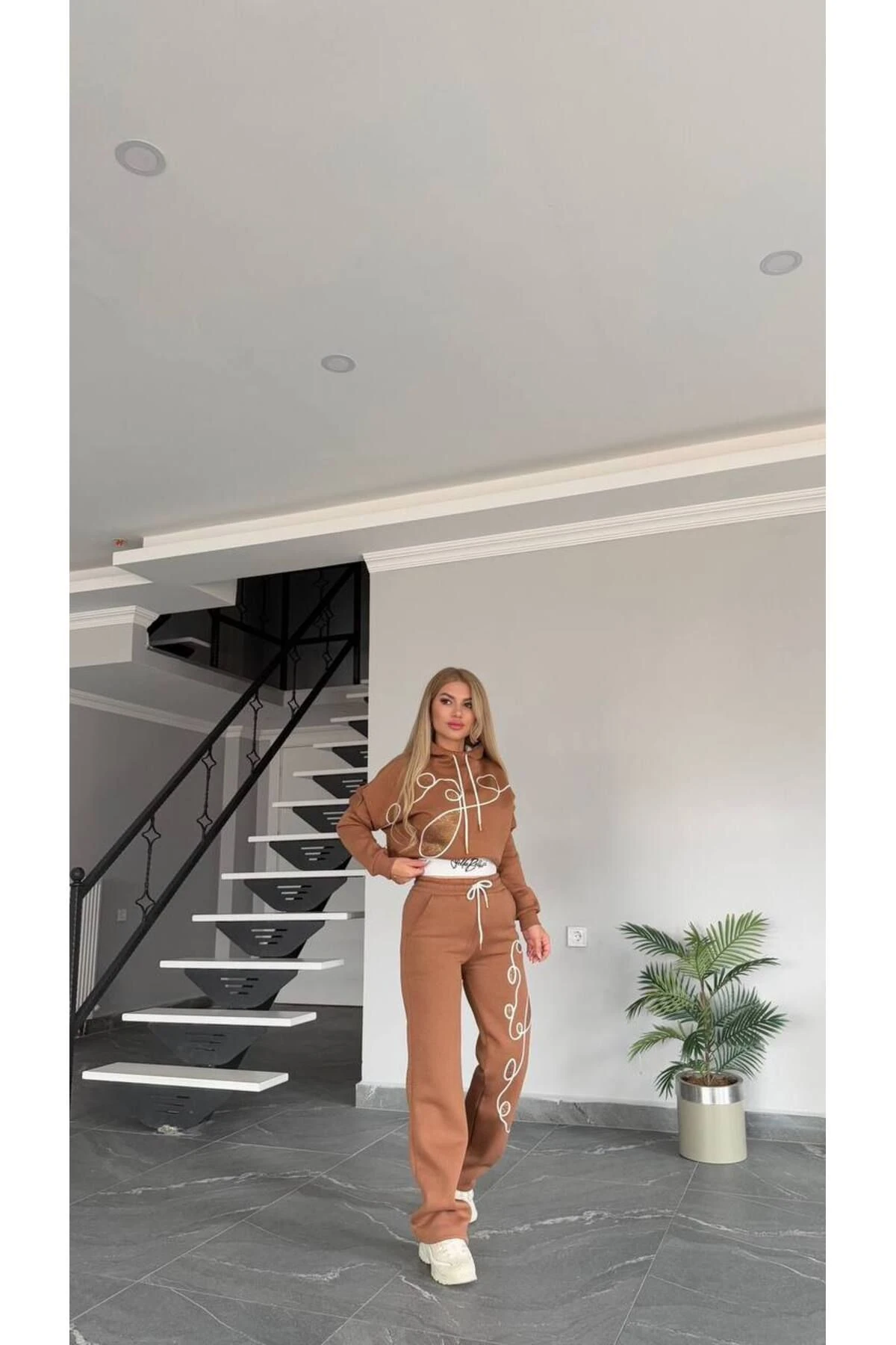 Kadın Bel Detaylı Kapüşonlu 3 İplk Kapüşonlu Alt Üst Takım