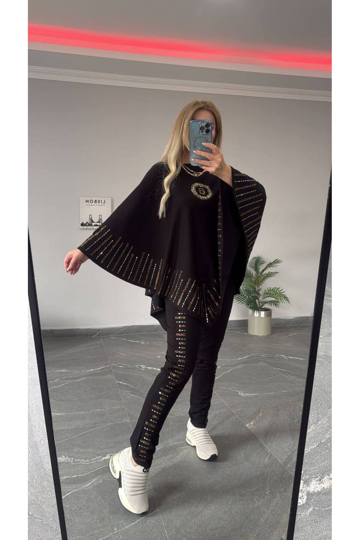 Kadın Kaliteli Lüks Giyim Yarasa Model Taş Detaylı 3 Lü Takım