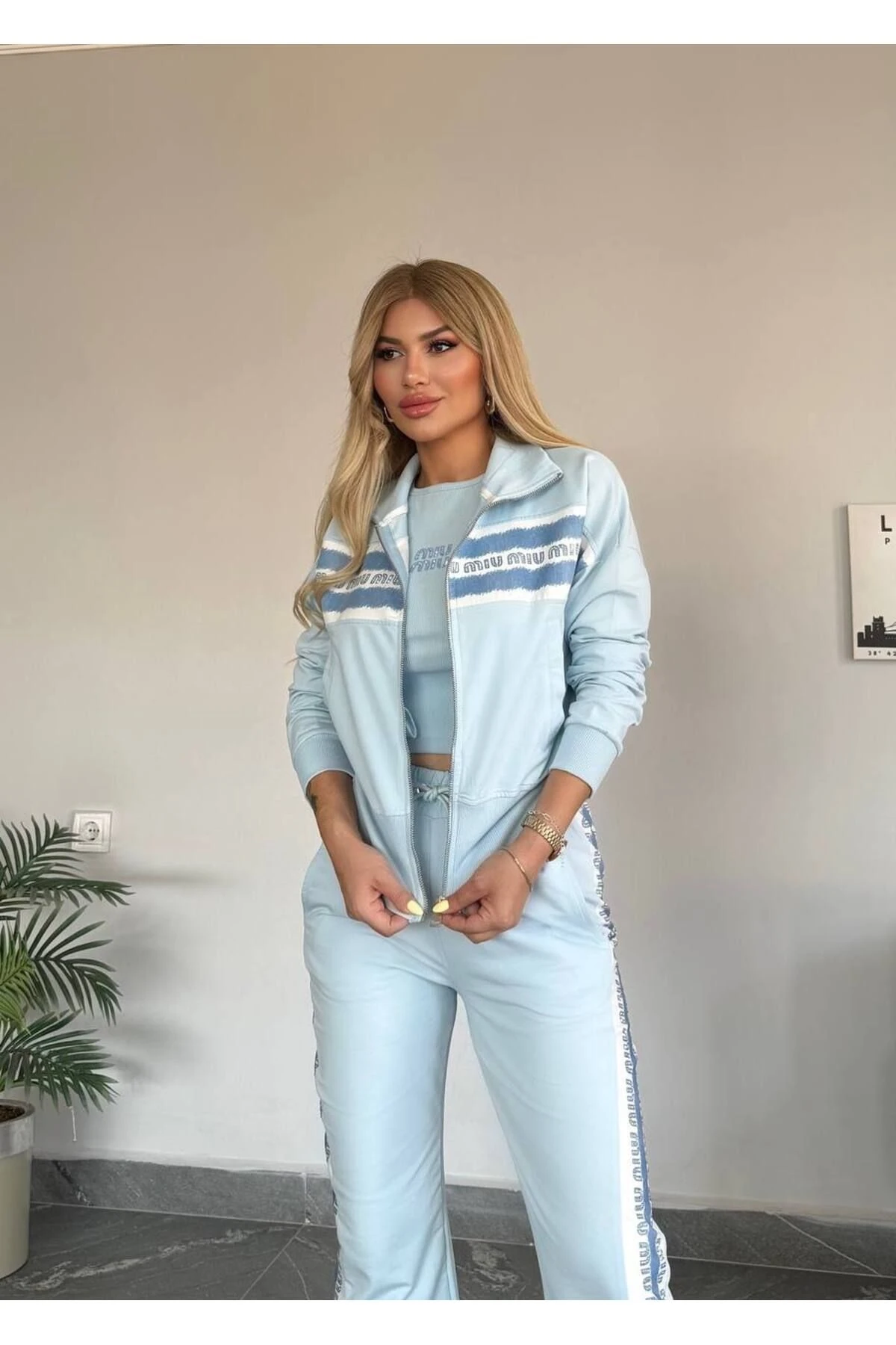 Kadın Kaliteli Lüks Giyim Dik Yaka Fermuarlı Alt Rahat Kesim Bel Lastikli 2 İplik 3 Lü Takım