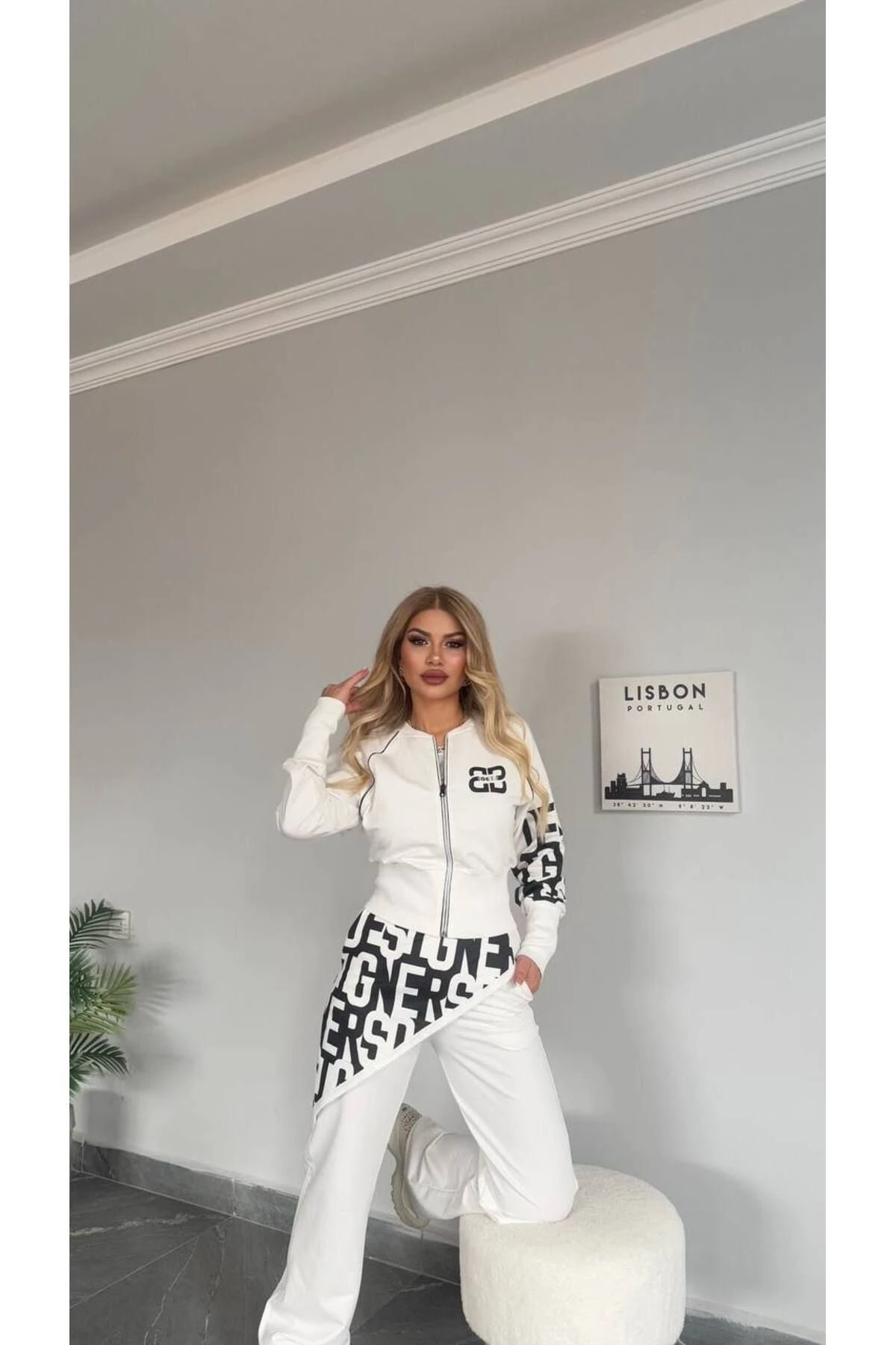 Kadın Yeni Sezon Yüksek bel Yazı Detaylı Fermuarlı Alt Üst Takım