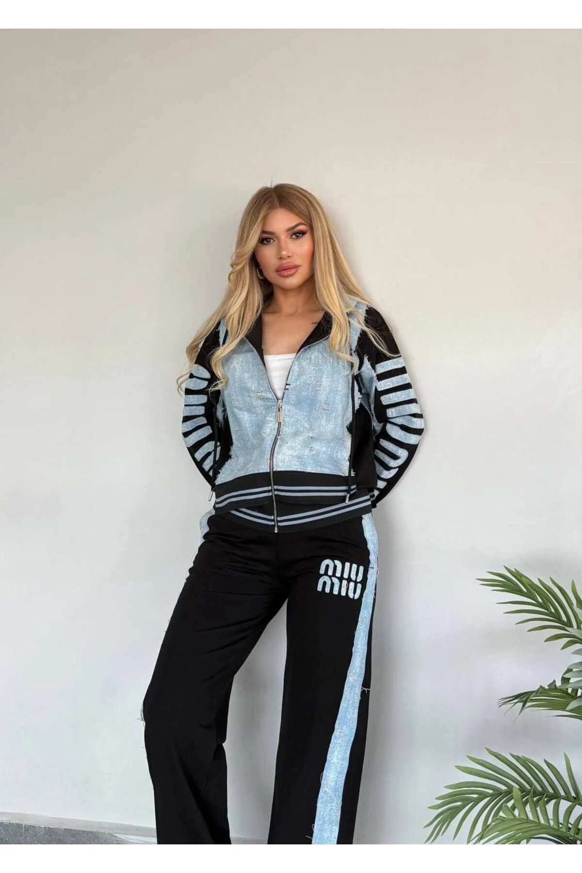 Kadın Kaliteli Lüks Giyim Kot Detaylı Esnek İki İplik Alt Üst Takım