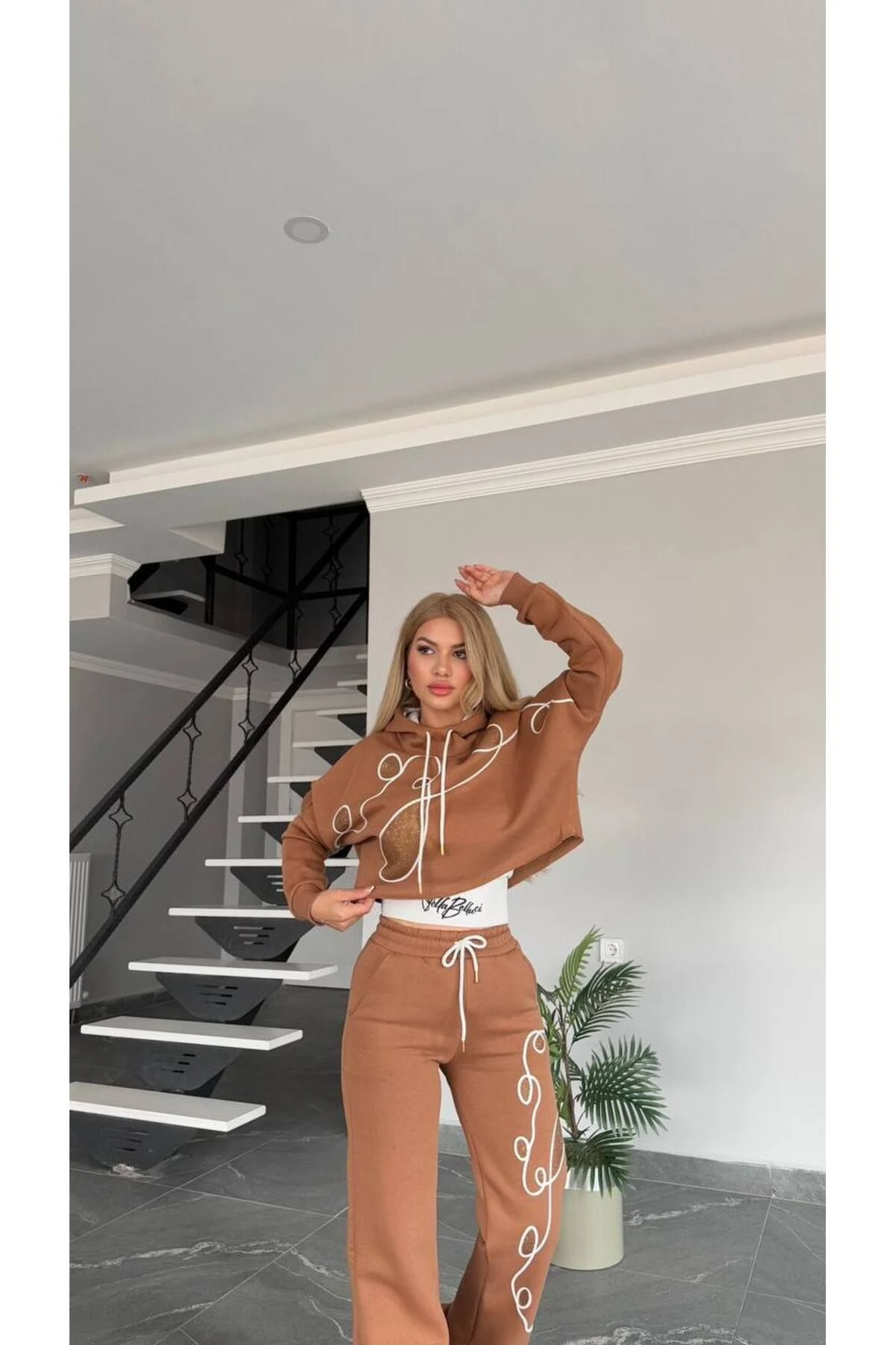 Kadın Bel Detaylı Kapüşonlu 3 İplk Kapüşonlu Alt Üst Takım