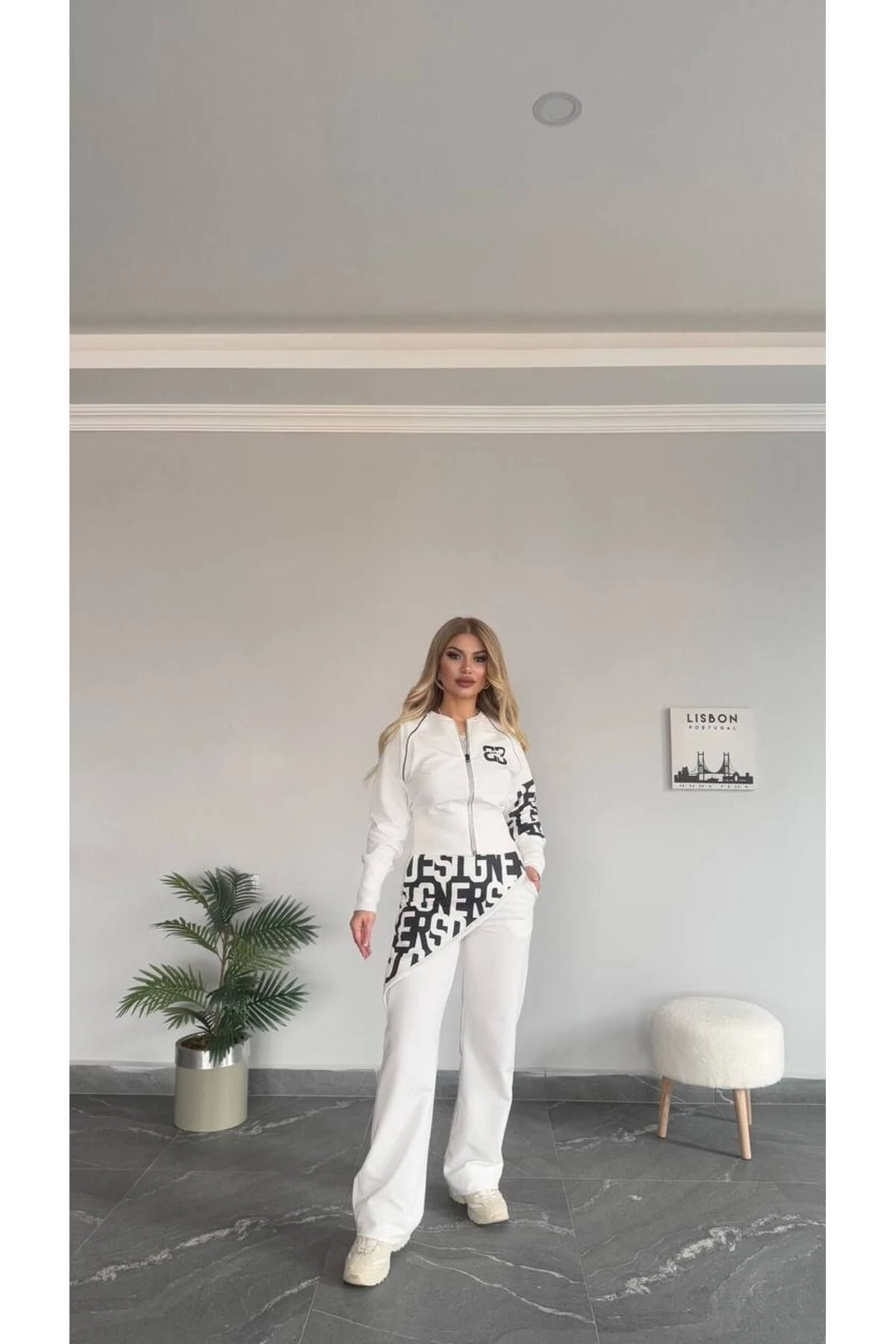 Kadın Yeni Sezon Yüksek bel Yazı Detaylı Fermuarlı Alt Üst Takım