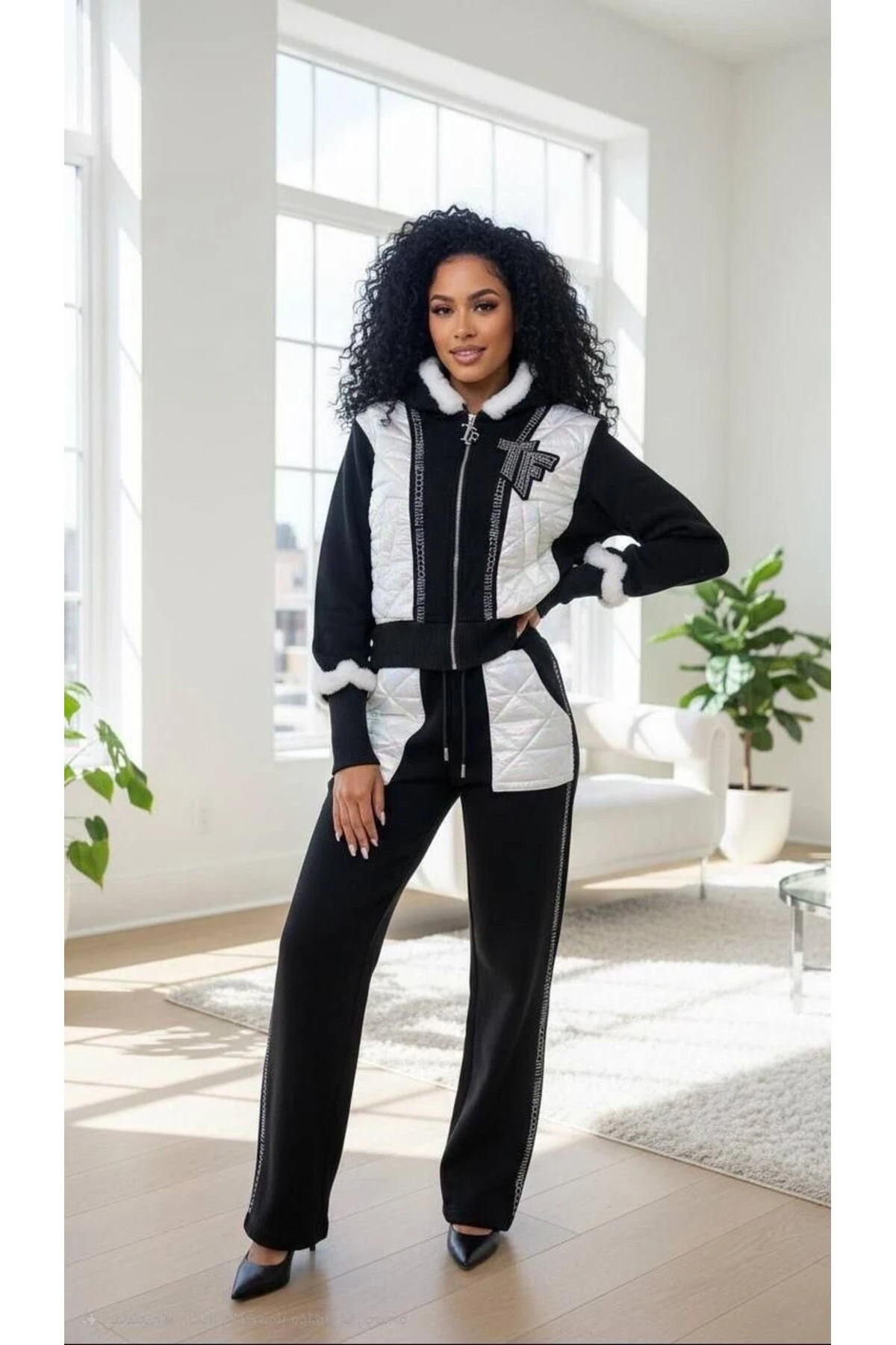 Kadın Kaliteli Kapitone Kumaş Detaylı Kollarında Peluş Ve Taş Detaylı 2 Li Takım