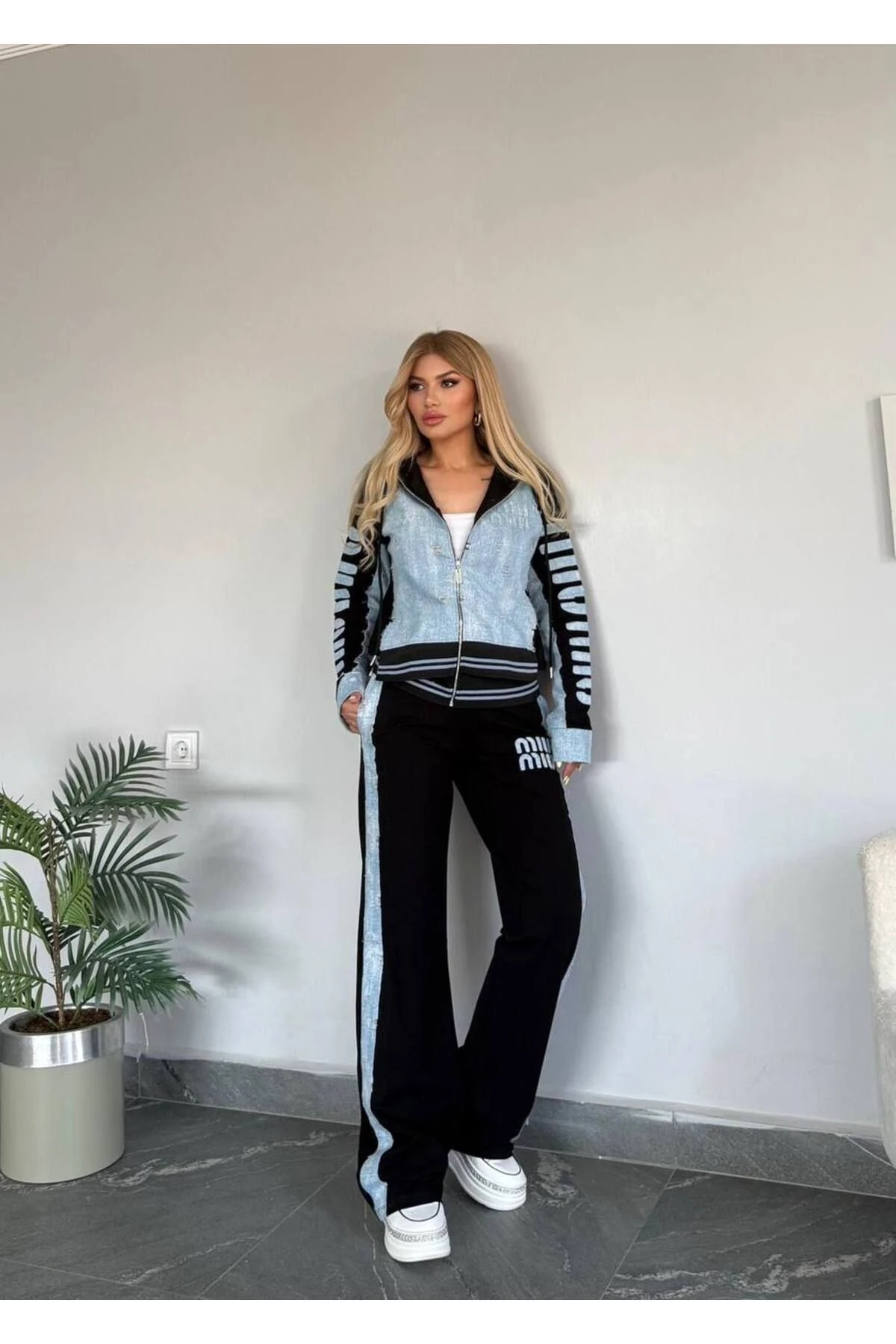 Kadın Kaliteli Lüks Giyim Kot Detaylı Esnek İki İplik Alt Üst Takım