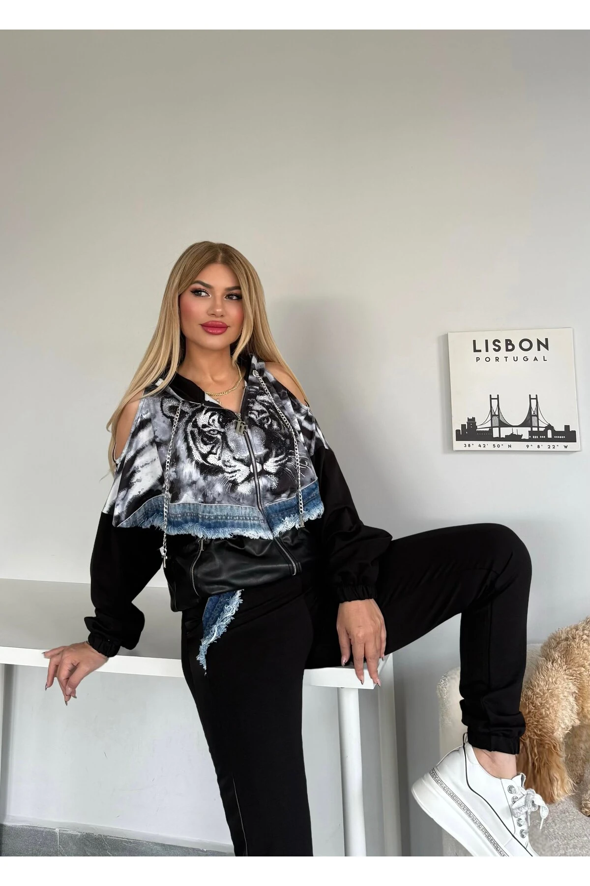 Kadın Kaliteli Lüks Taşlı Omuz Dekolteli Kot Detaylı İki İplik Alt Üst Takım