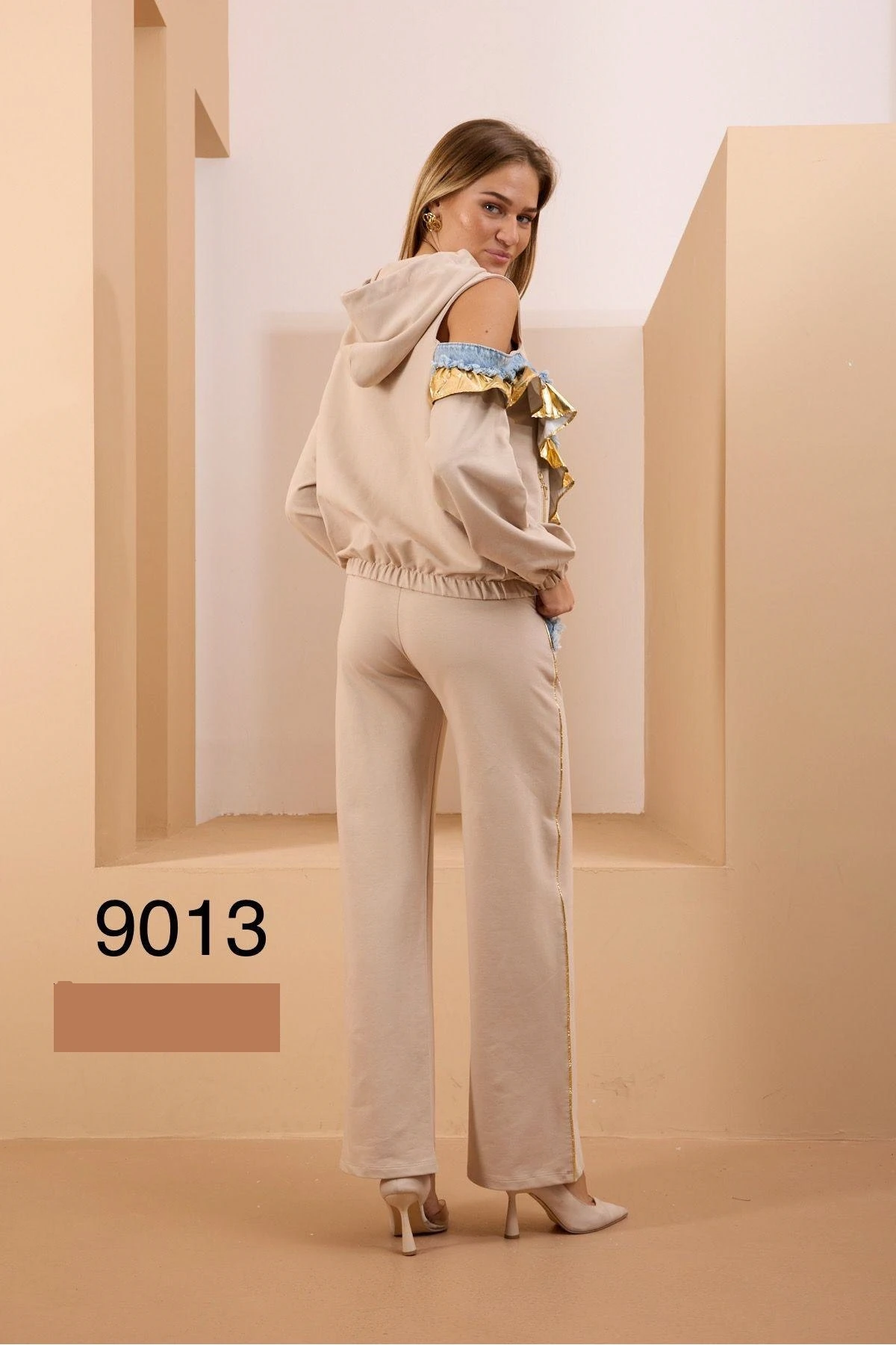 Kadın Tek Omuz Dekolte Lame Ve Taş Detaylı Esnek İki İplik Kompakt Kumaş Alt Üst Takım